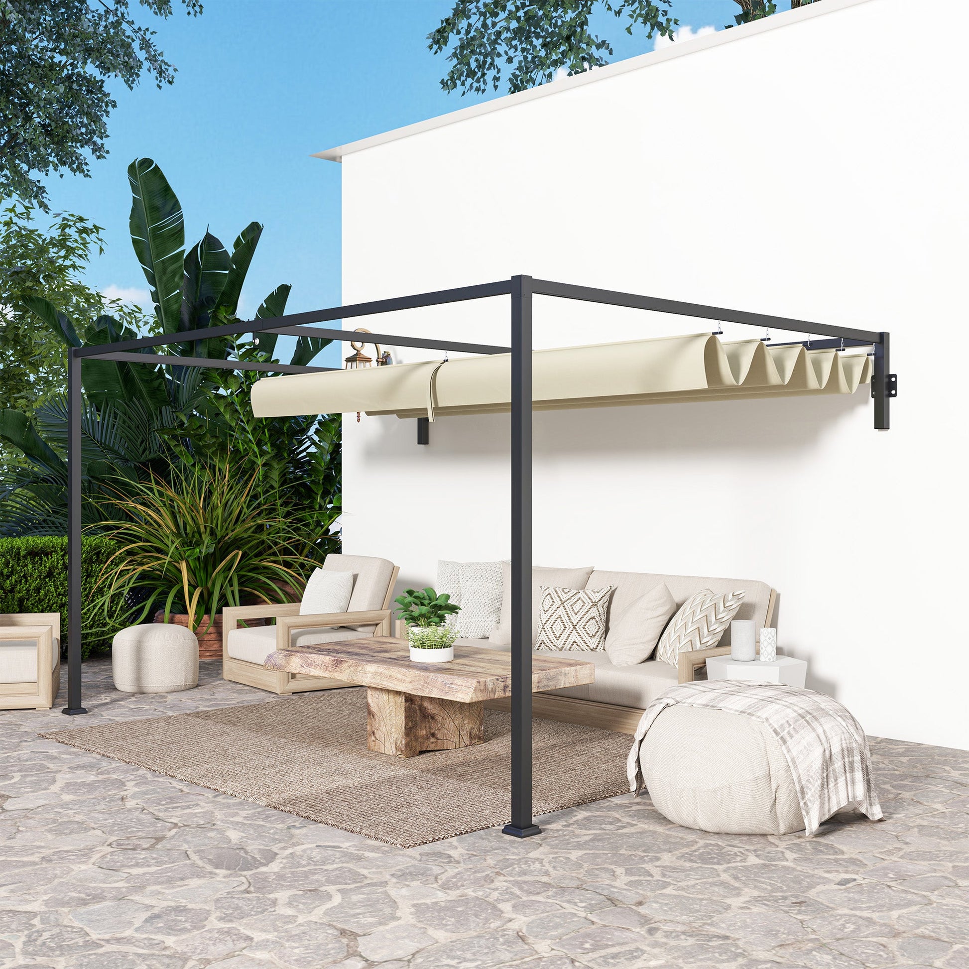 3 x 4m Lean To Pergola with Retractable Roof, Wall Mounted Garden Gazebo Outdoor Sun Shade Shelter for Patio, Deck, Khaki