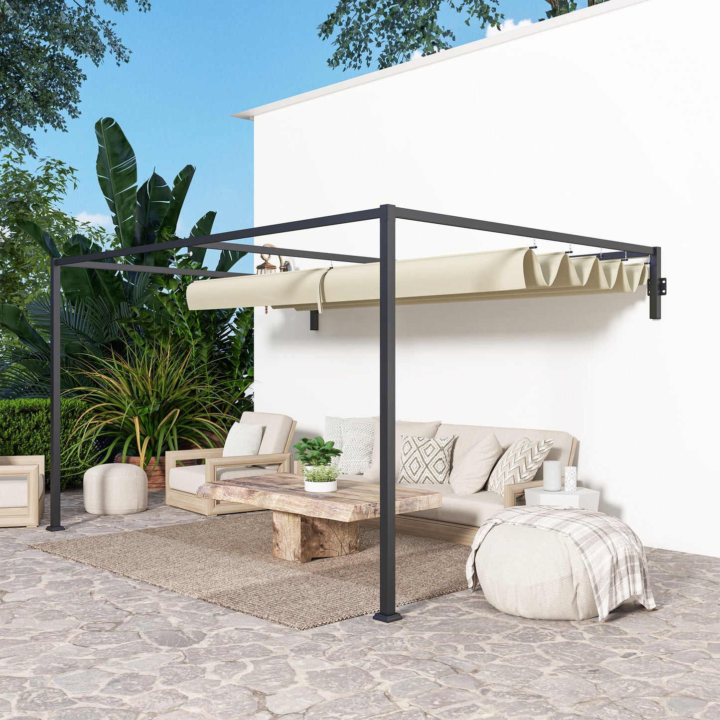 3 x 4m Lean To Pergola with Retractable Roof, Wall Mounted Garden Gazebo Outdoor Sun Shade Shelter for Patio, Deck, Khaki