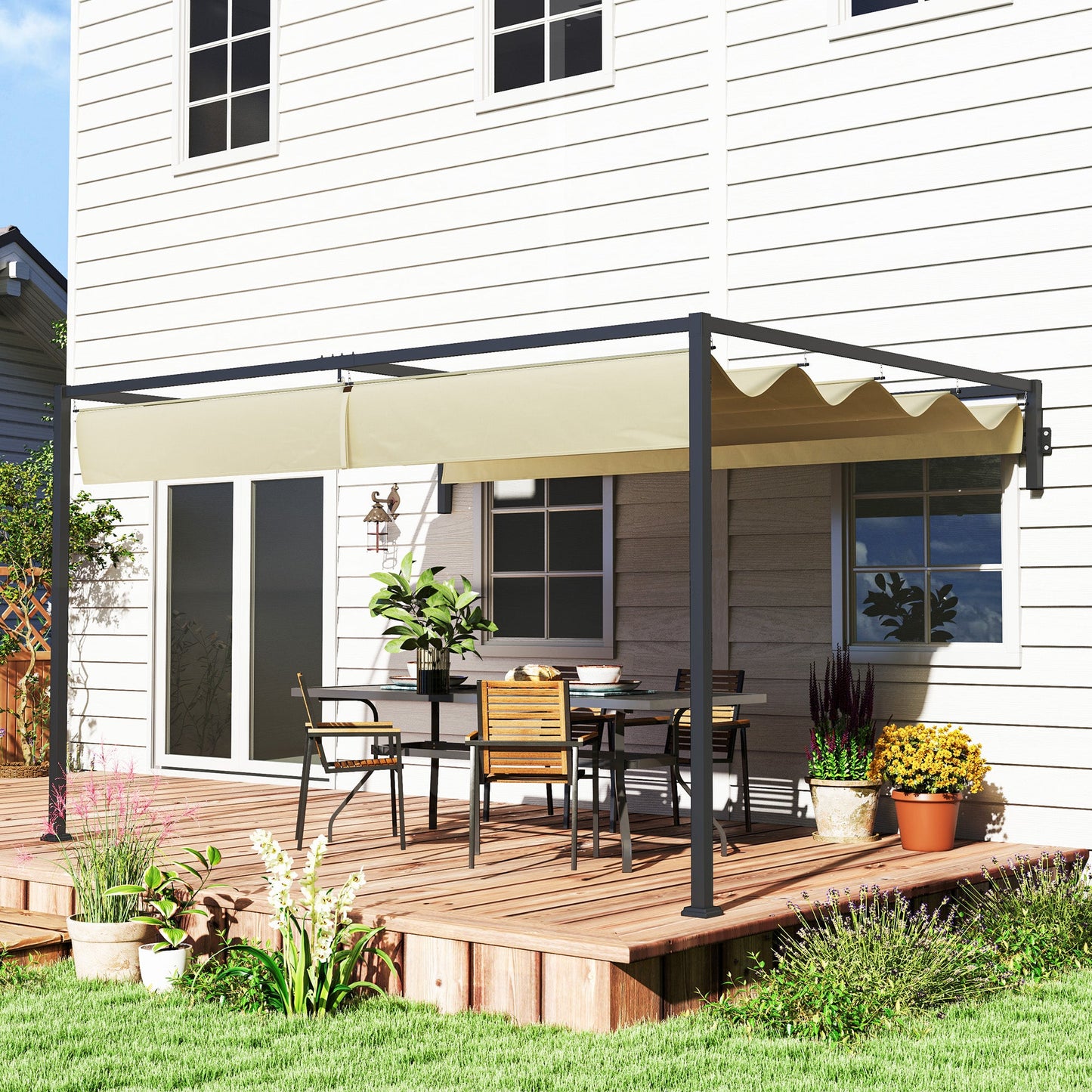 3 x 4m Lean To Pergola with Retractable Roof, Wall Mounted Garden Gazebo Outdoor Sun Shade Shelter for Patio, Deck, Khaki