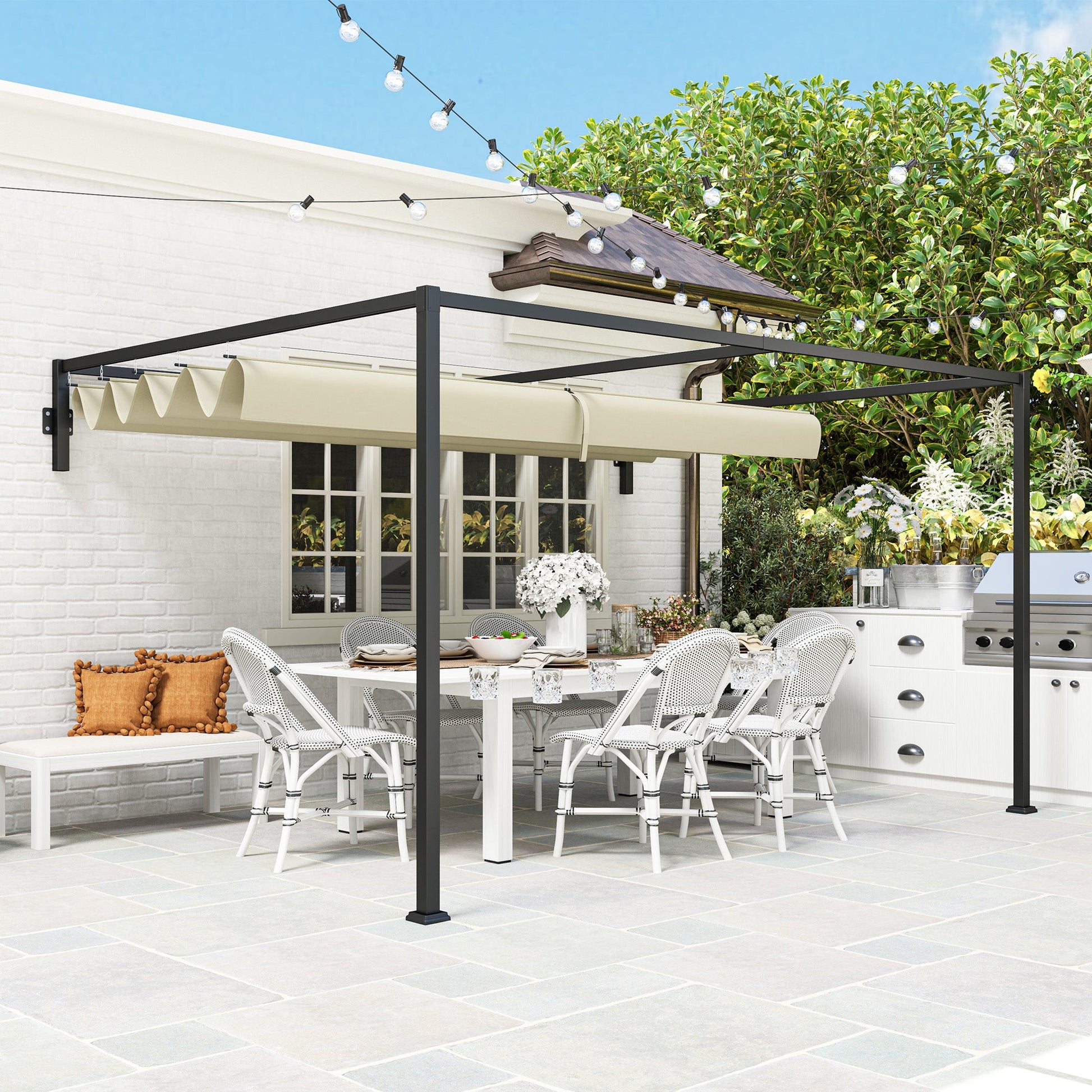 3 x 4m Lean To Pergola with Retractable Roof, Wall Mounted Garden Gazebo Outdoor Sun Shade Shelter for Patio, Deck, Khaki