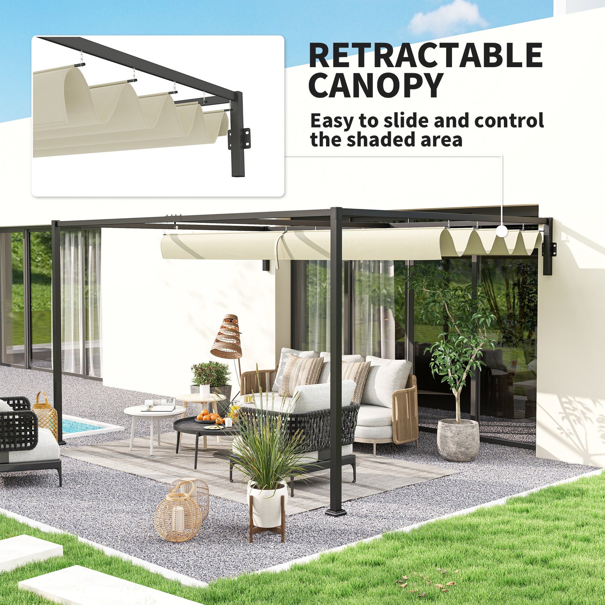 3 x 4m Lean To Pergola with Retractable Roof, Wall Mounted Garden Gazebo Outdoor Sun Shade Shelter for Patio, Deck, Khaki