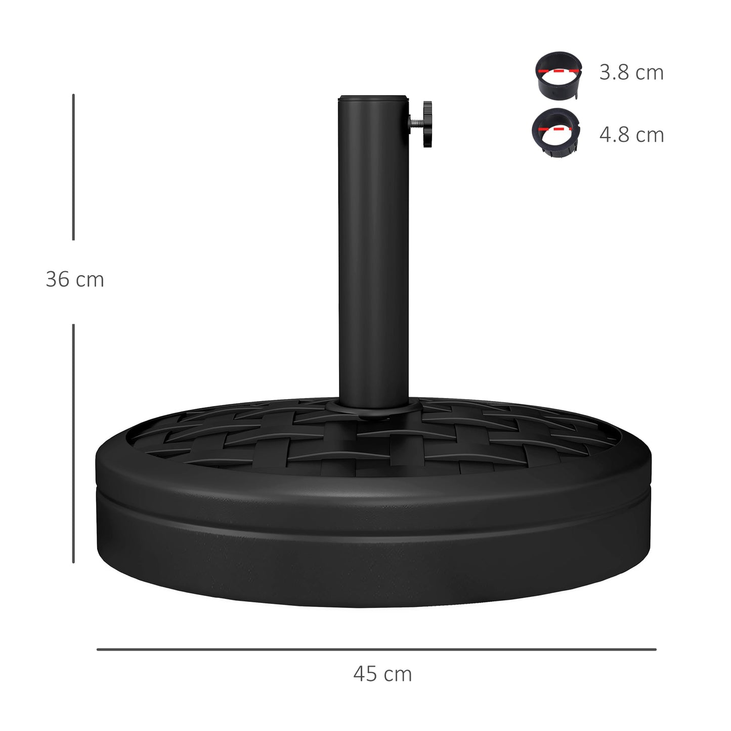 18kg Concrete Parasol Base with Rattan Effect, Heavy Duty Round Umbrella Stand, 45cm Dia. Patio Market Table Garden Parasol Stand for 38mm, 48mm Poles, Black