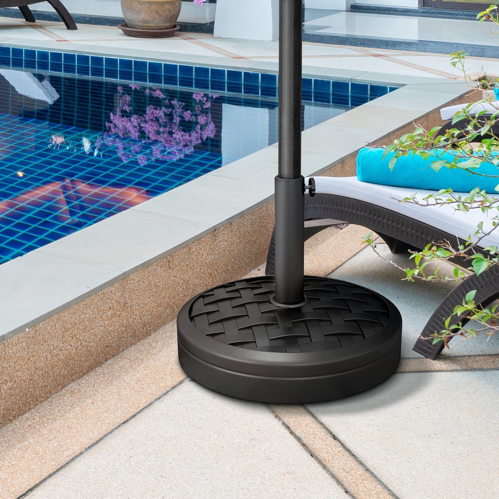 18kg Concrete Parasol Base with Rattan Effect, Heavy Duty Round Umbrella Stand, 45cm Dia. Patio Market Table Garden Parasol Stand for 38mm, 48mm Poles, Black