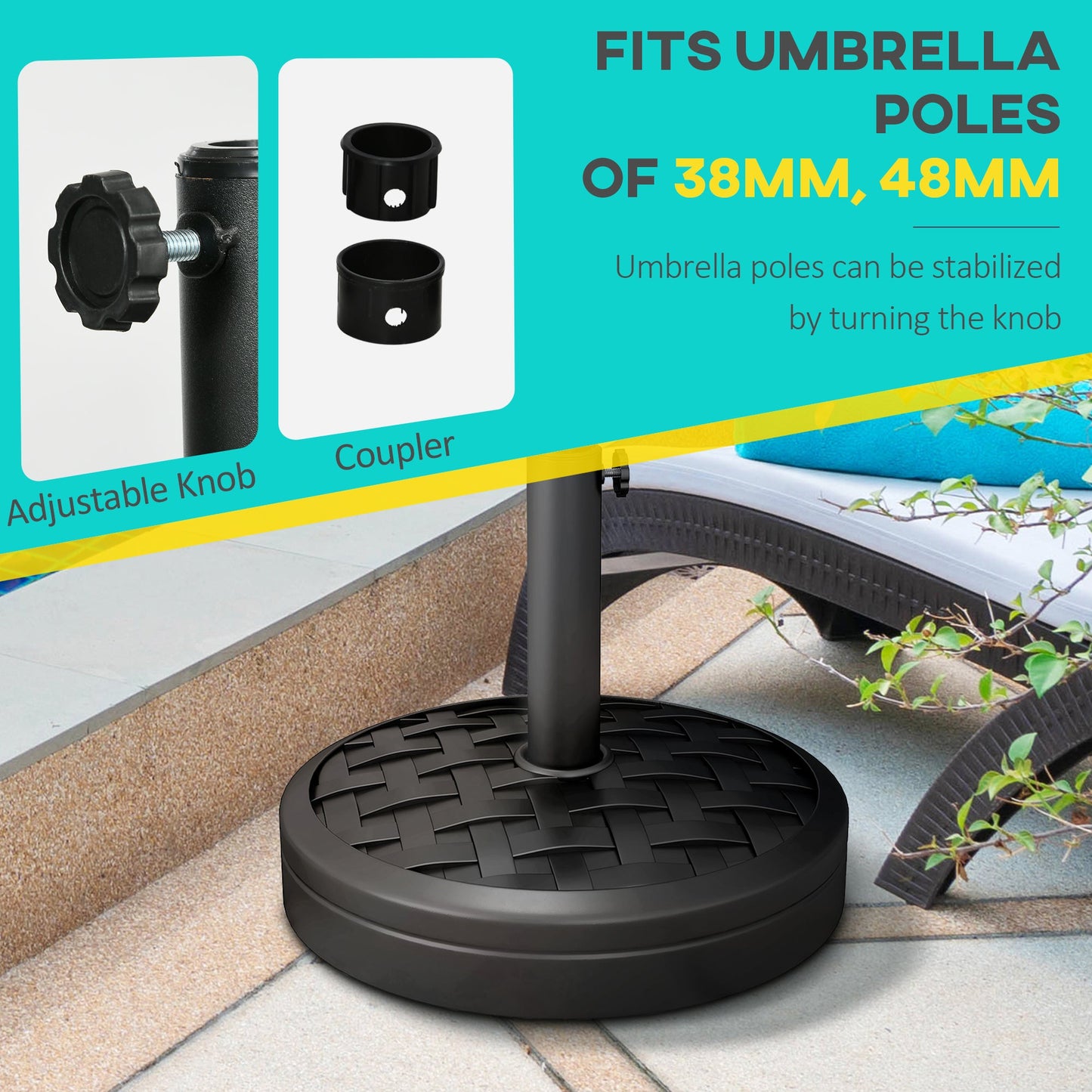 18kg Concrete Parasol Base with Rattan Effect, Heavy Duty Round Umbrella Stand, 45cm Dia. Patio Market Table Garden Parasol Stand for 38mm, 48mm Poles, Black