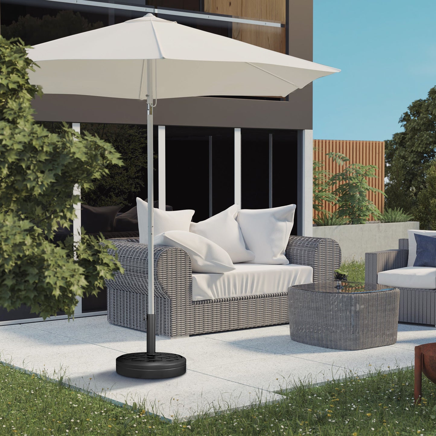 18kg Concrete Parasol Base with Rattan Effect, Heavy Duty Round Umbrella Stand, 45cm Dia. Patio Market Table Garden Parasol Stand for 38mm, 48mm Poles, Black