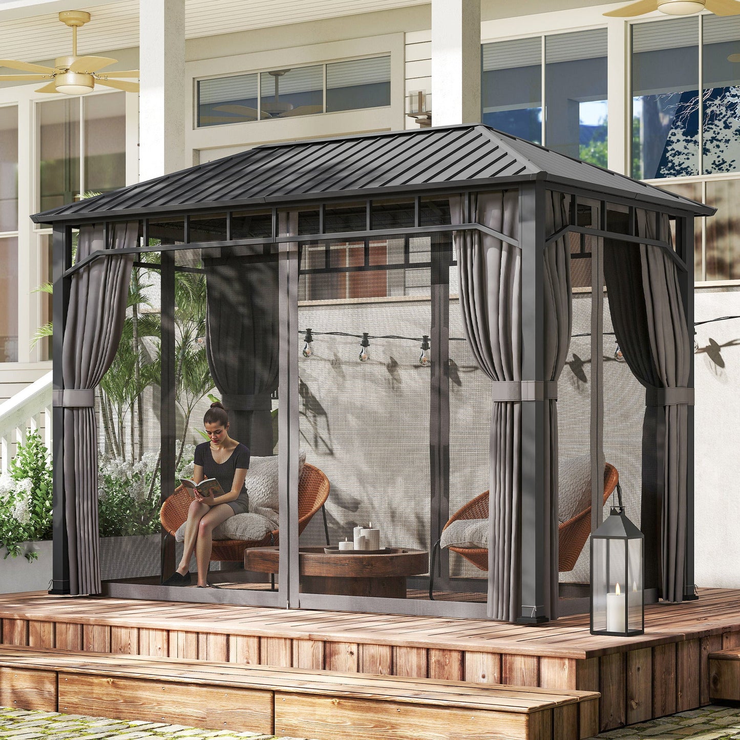 2 x 3.5 m Hardtop Gazebo with Galvanised Steel Roof, Waterproof Permanent Pavilion Garden Gazebo with Netting and Curtains for Patio, Deck, Dark Grey