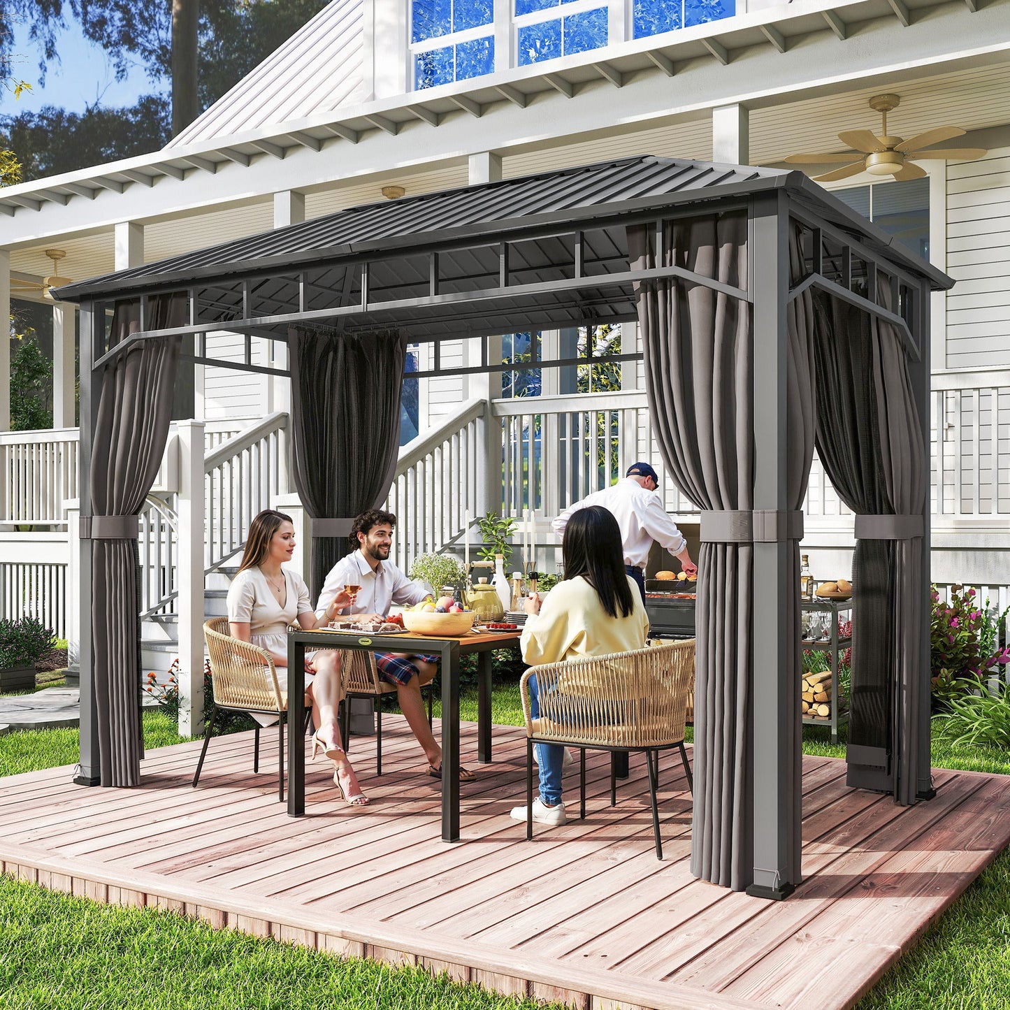 2 x 3.5 m Hardtop Gazebo with Galvanised Steel Roof, Waterproof Permanent Pavilion Garden Gazebo with Netting and Curtains for Patio, Deck, Dark Grey