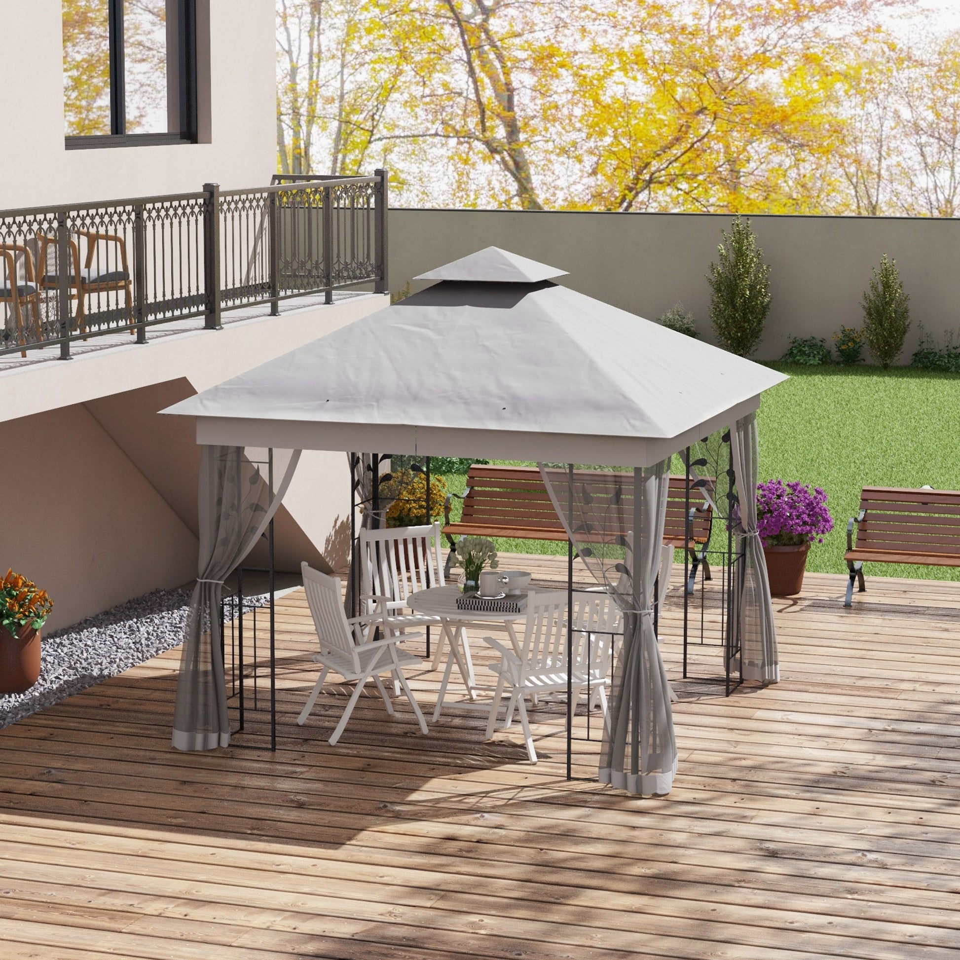 3(m) x 3(m) Garden Gazebo, Double Roof Outdoor Gazebo Canopy Shelter with Netting, Solid Steel Frame, for Garden, Lawn and Deck, Light Grey