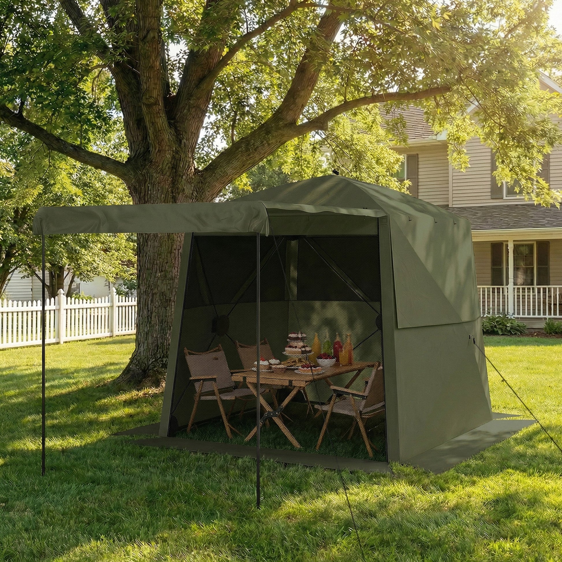 2 x 2 m Pop Up Gazebo with Awning, Waterproof Instant Shelter for Garden BBQ, Fishing, Camping, Easy Setup Garden Gazebo with Sides, Mesh Windows & Carry Bag, Army Green