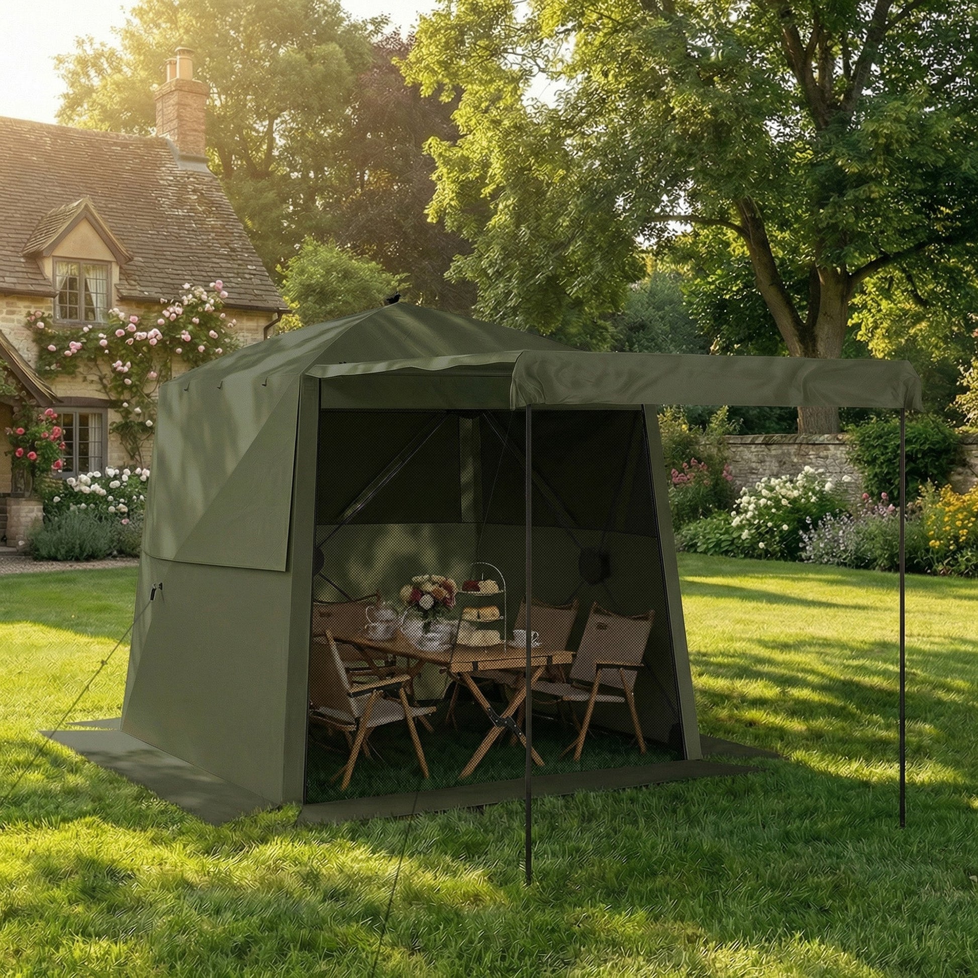 2 x 2 m Pop Up Gazebo with Awning, Waterproof Instant Shelter for Garden BBQ, Fishing, Camping, Easy Setup Garden Gazebo with Sides, Mesh Windows & Carry Bag, Army Green