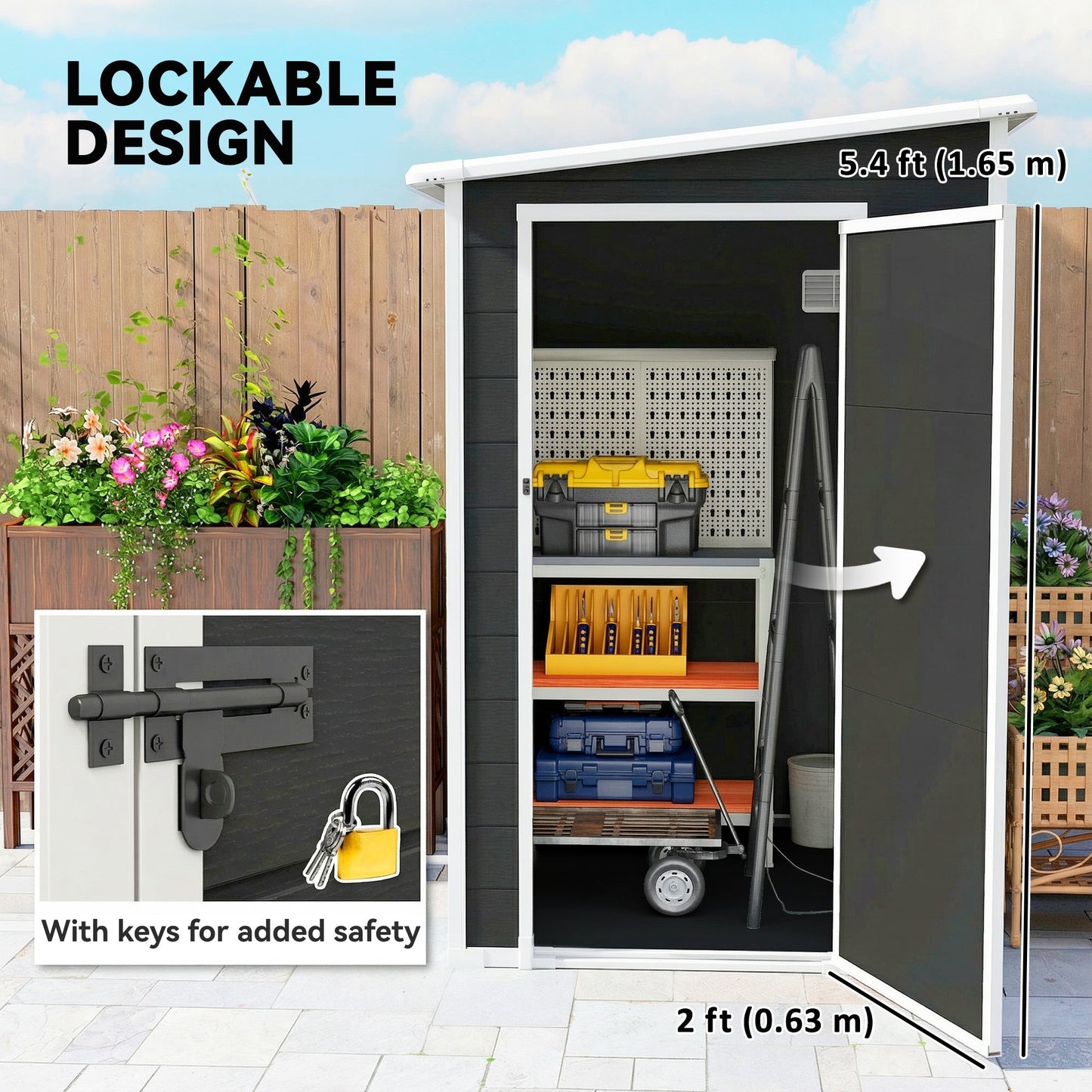 4 x 5FT Plastic Garden Shed with Floor, Lean to Outdoor Storage Shed, Lockable Tool Storage House with Window, Vent and Plastic Roof, Black