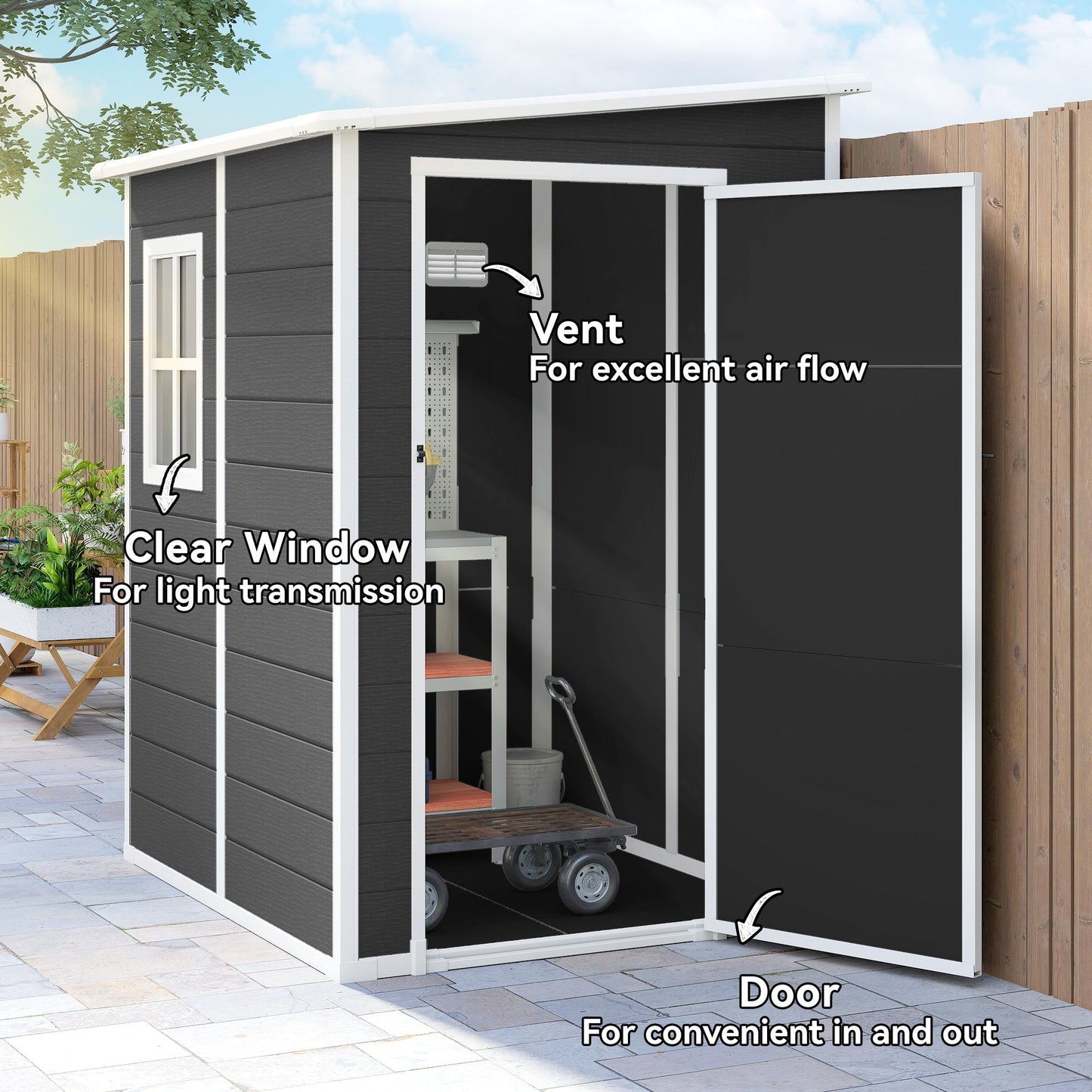 4 x 5FT Plastic Garden Shed with Floor, Lean to Outdoor Storage Shed, Lockable Tool Storage House with Window, Vent and Plastic Roof, Black