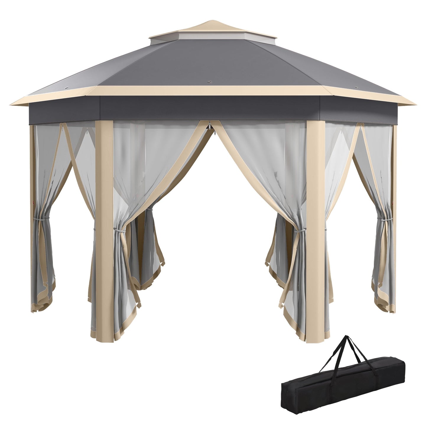 3 x 4m Garden Gazebo Hexagon Pop Up Party Tent Canopy Double Roof Instant Shelter with Netting and Carry Bag for Outdoor Patio, Khaki