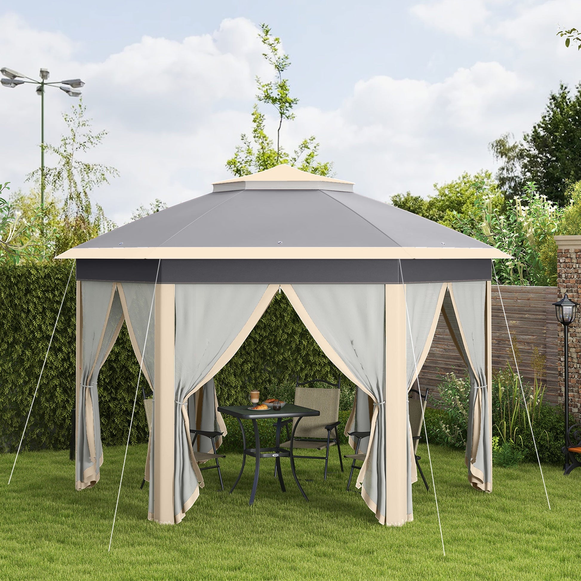 3 x 4m Garden Gazebo Hexagon Pop Up Party Tent Canopy Double Roof Instant Shelter with Netting and Carry Bag for Outdoor Patio, Khaki