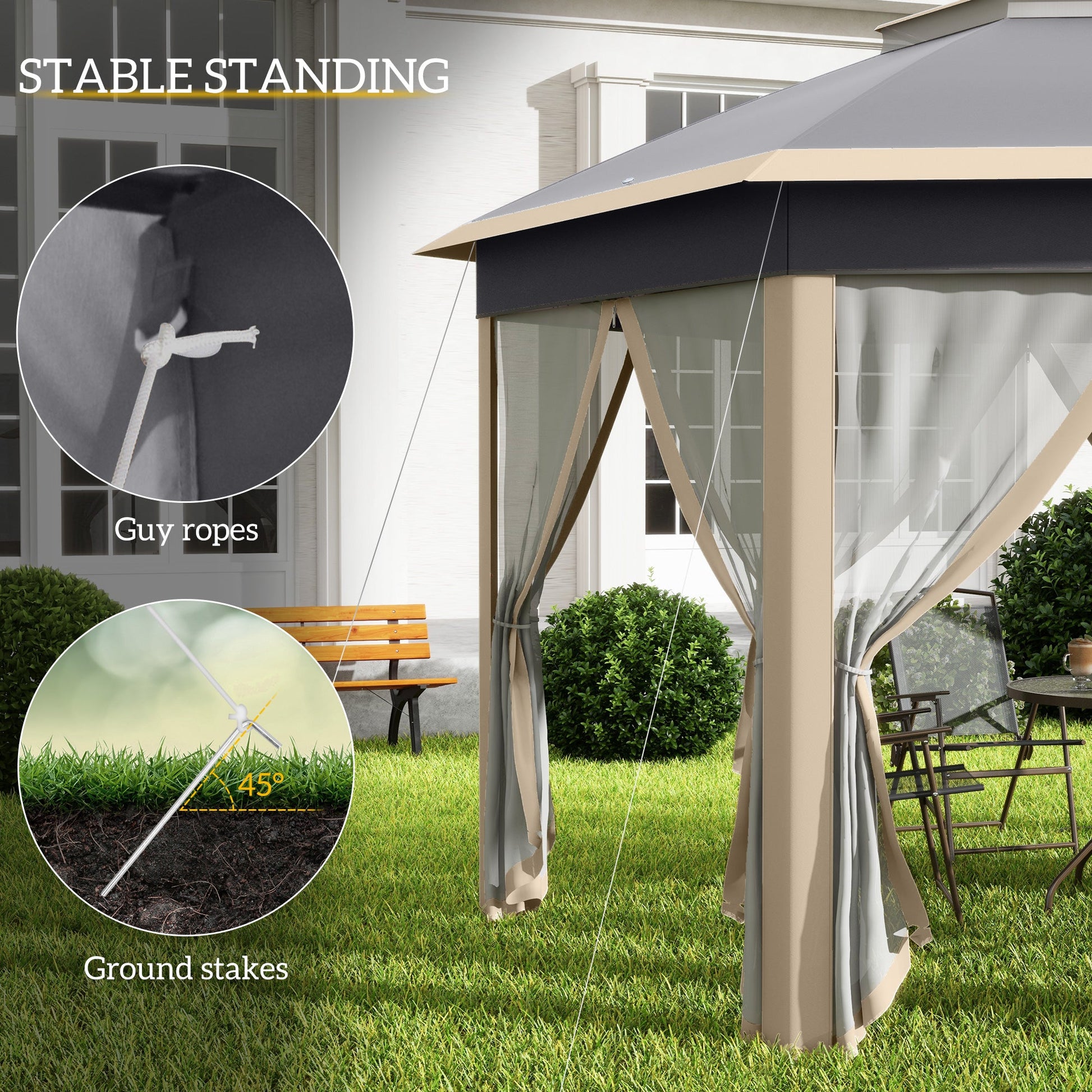 3 x 4m Garden Gazebo Hexagon Pop Up Party Tent Canopy Double Roof Instant Shelter with Netting and Carry Bag for Outdoor Patio, Khaki