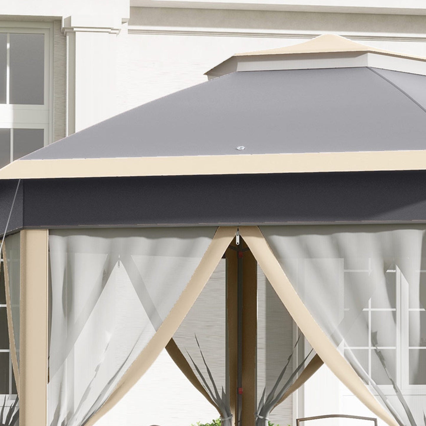 3 x 4m Garden Gazebo Hexagon Pop Up Party Tent Canopy Double Roof Instant Shelter with Netting and Carry Bag for Outdoor Patio, Khaki