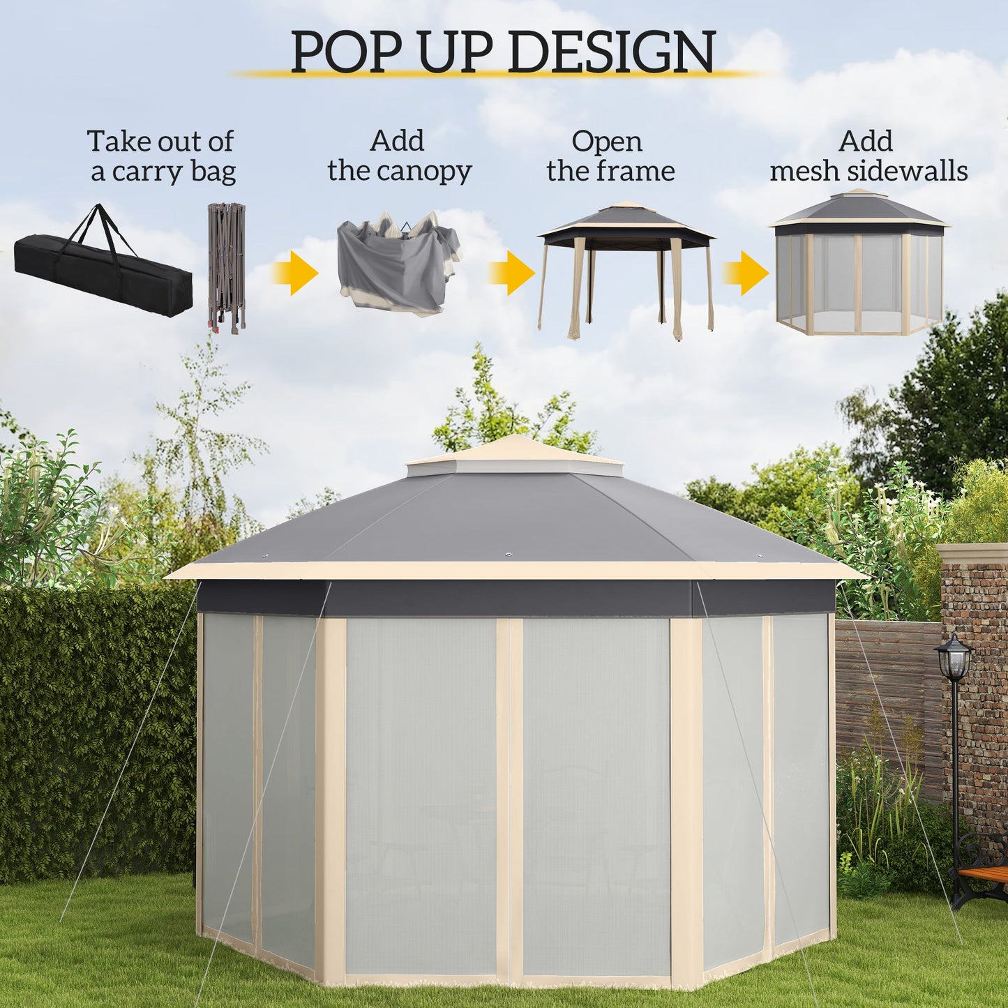 3 x 4m Garden Gazebo Hexagon Pop Up Party Tent Canopy Double Roof Instant Shelter with Netting and Carry Bag for Outdoor Patio, Khaki