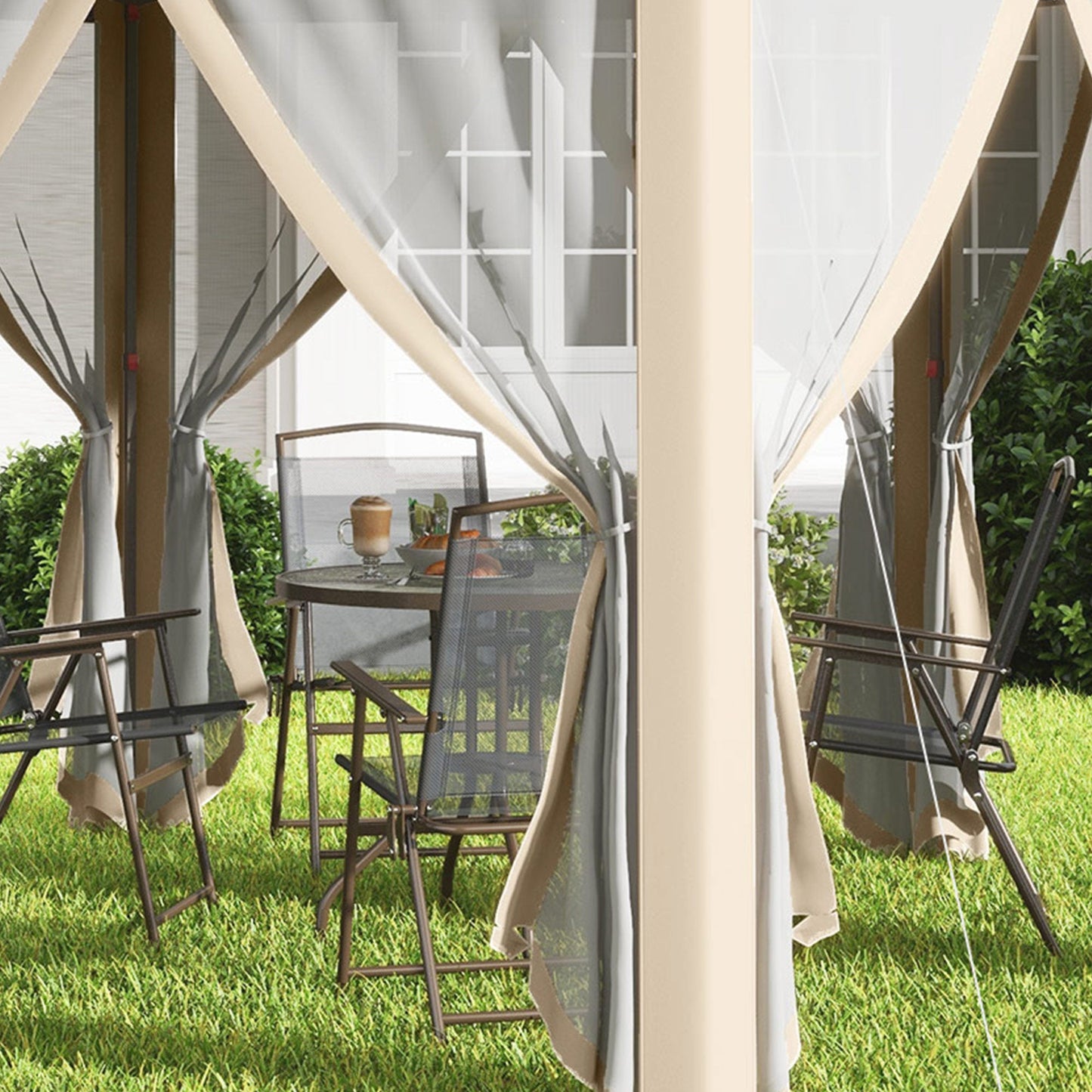 3 x 4m Garden Gazebo Hexagon Pop Up Party Tent Canopy Double Roof Instant Shelter with Netting and Carry Bag for Outdoor Patio, Khaki