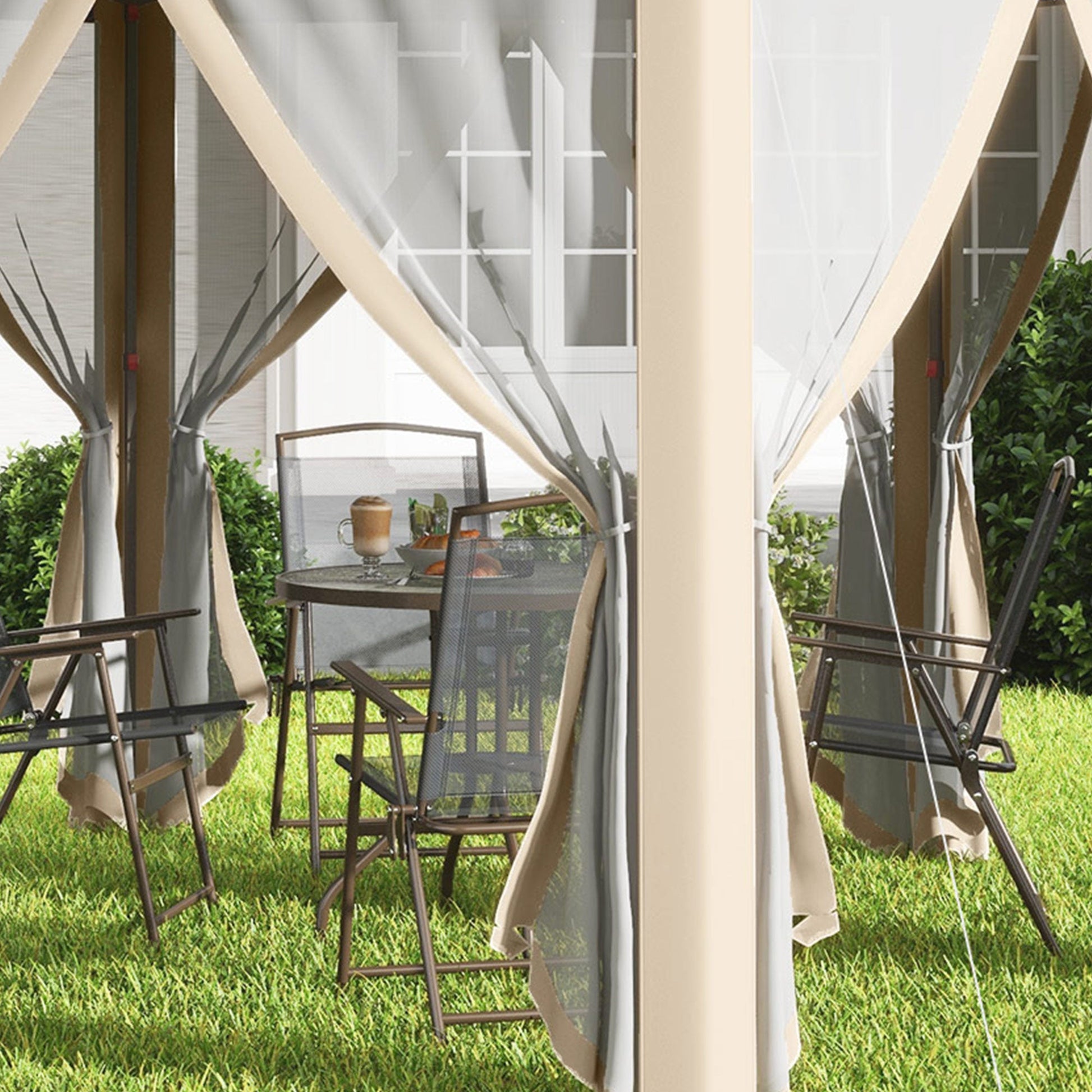 3 x 4m Garden Gazebo Hexagon Pop Up Party Tent Canopy Double Roof Instant Shelter with Netting and Carry Bag for Outdoor Patio, Khaki