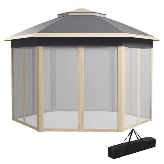 3 x 4m Garden Gazebo Hexagon Pop Up Party Tent Canopy Double Roof Instant Shelter with Netting and Carry Bag for Outdoor Patio, Khaki
