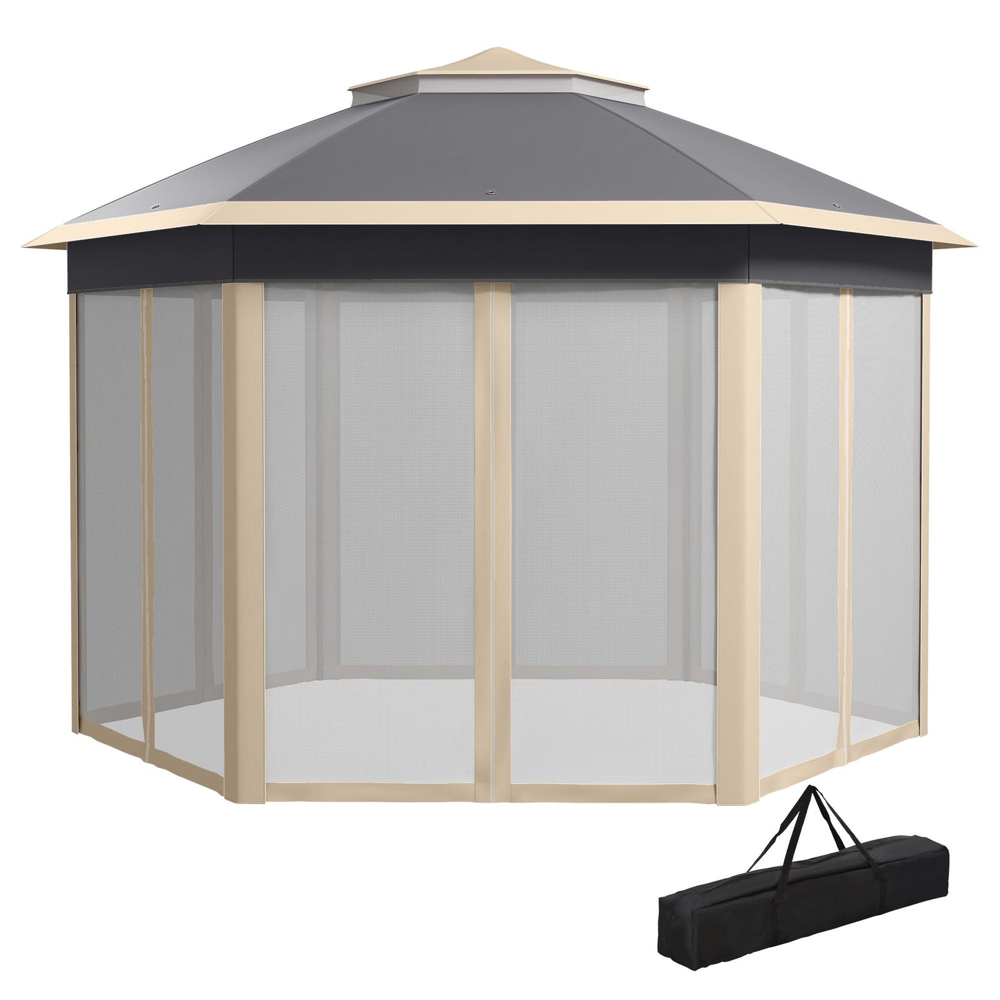 3 x 4m Garden Gazebo Hexagon Pop Up Party Tent Canopy Double Roof Instant Shelter with Netting and Carry Bag for Outdoor Patio, Khaki