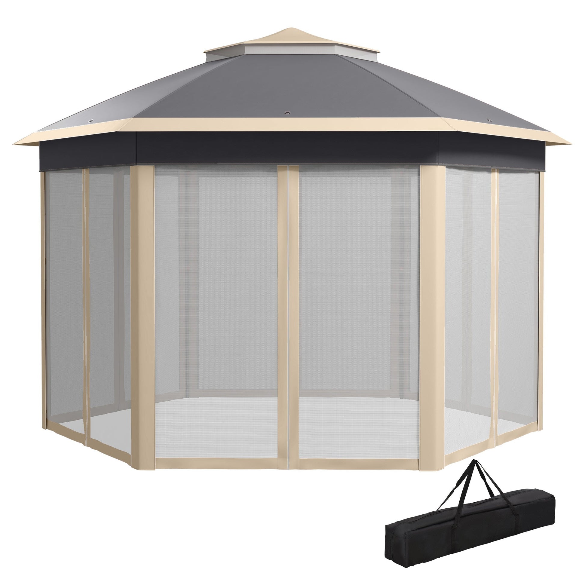 3 x 4m Garden Gazebo Hexagon Pop Up Party Tent Canopy Double Roof Instant Shelter with Netting and Carry Bag for Outdoor Patio, Khaki