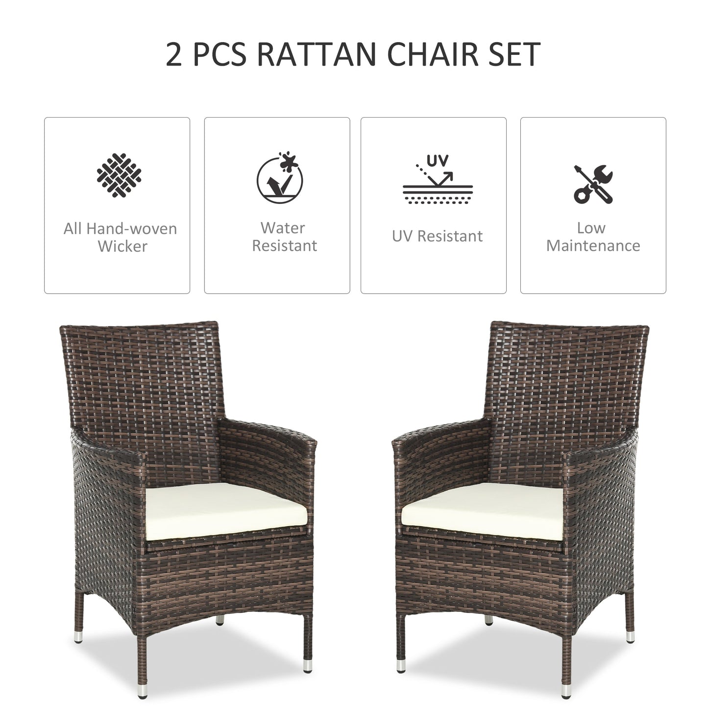2 Pieces Outdoor PE Rattan Dining Chairs Set with Cushion, Garden Armchair with Armrests, High Backrest, Metal Frame Patio Wicker Furniture, Mixed Brown