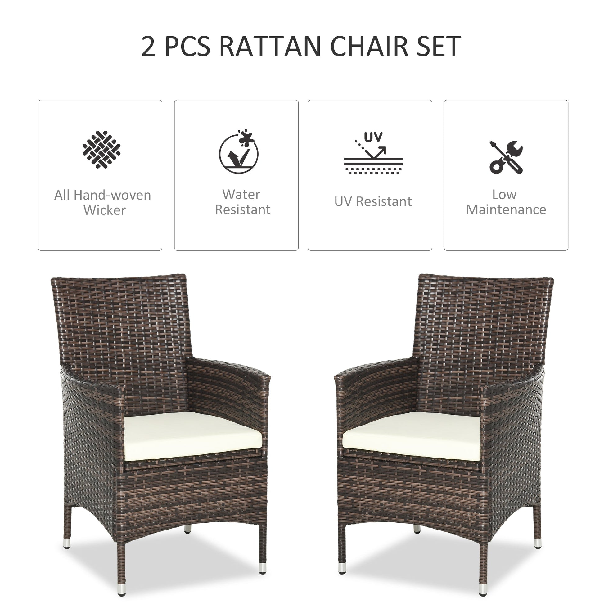2 Pieces Outdoor PE Rattan Dining Chairs Set with Cushion, Garden Armchair with Armrests, High Backrest, Metal Frame Patio Wicker Furniture, Mixed Brown