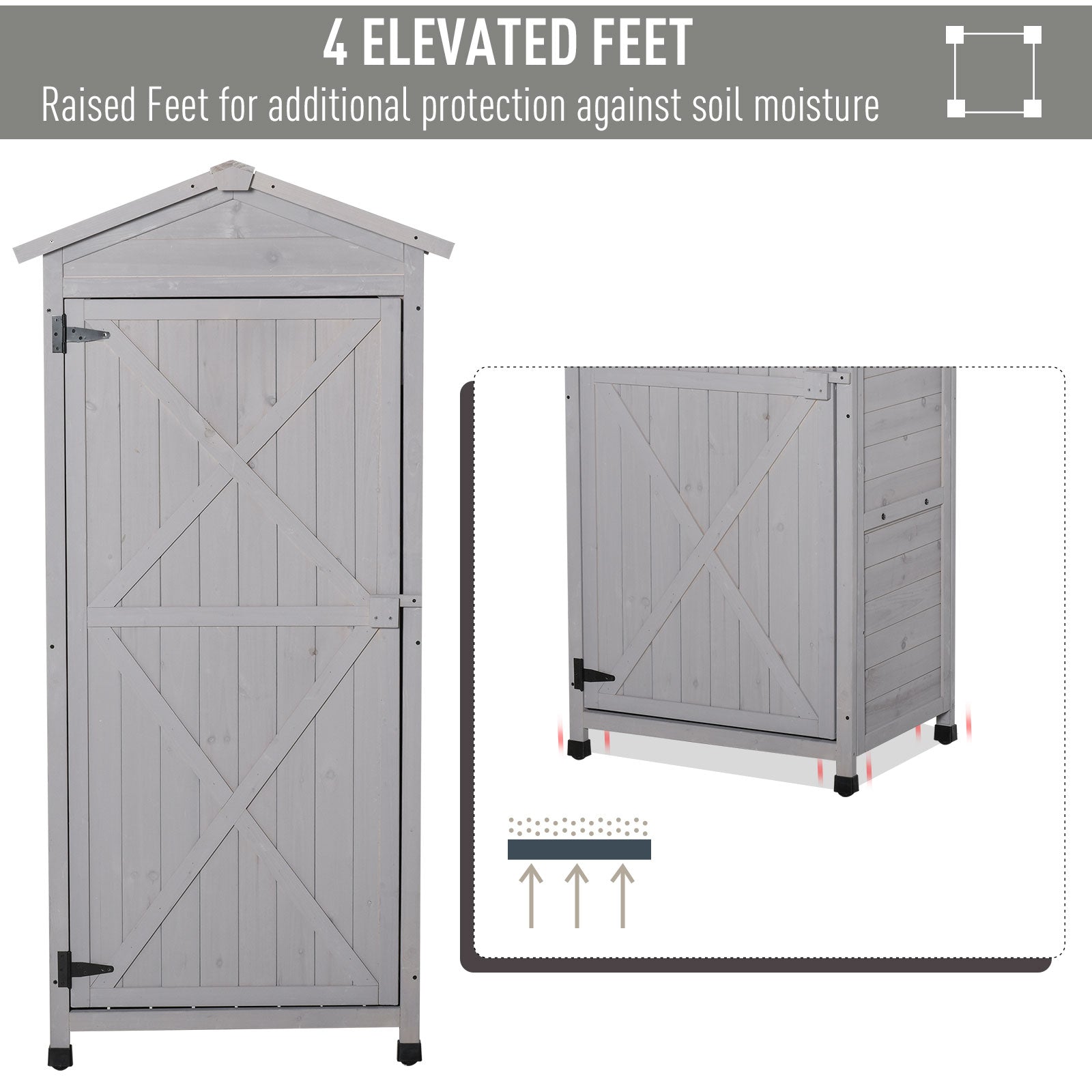 Wooden Garden Shed, Outdoor Storage Cabinet with 2 Shelves and Hooks, Locking Organiser Outdoor Narrow Tool House, 74x55x155cm, Grey