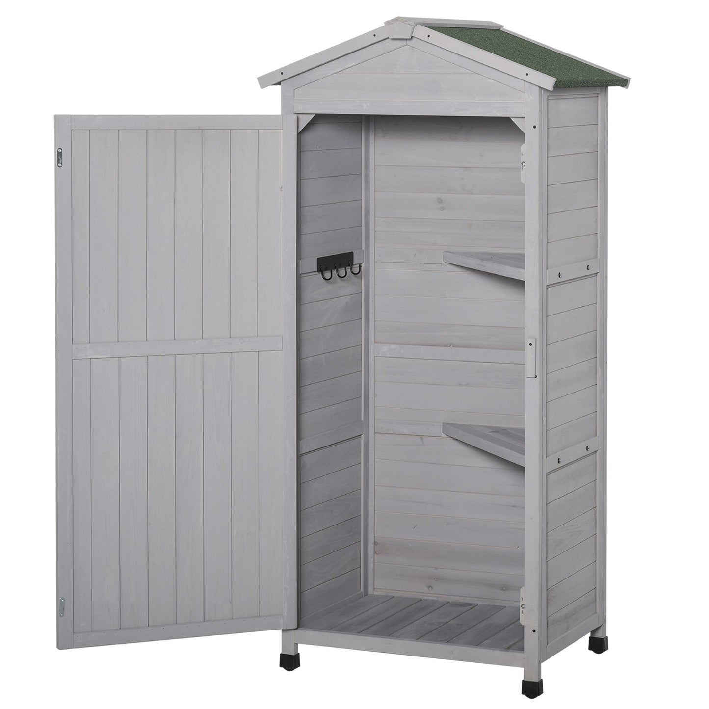 Wooden Garden Shed, Outdoor Storage Cabinet with 2 Shelves and Hooks, Locking Organiser Outdoor Narrow Tool House, 74x55x155cm, Grey