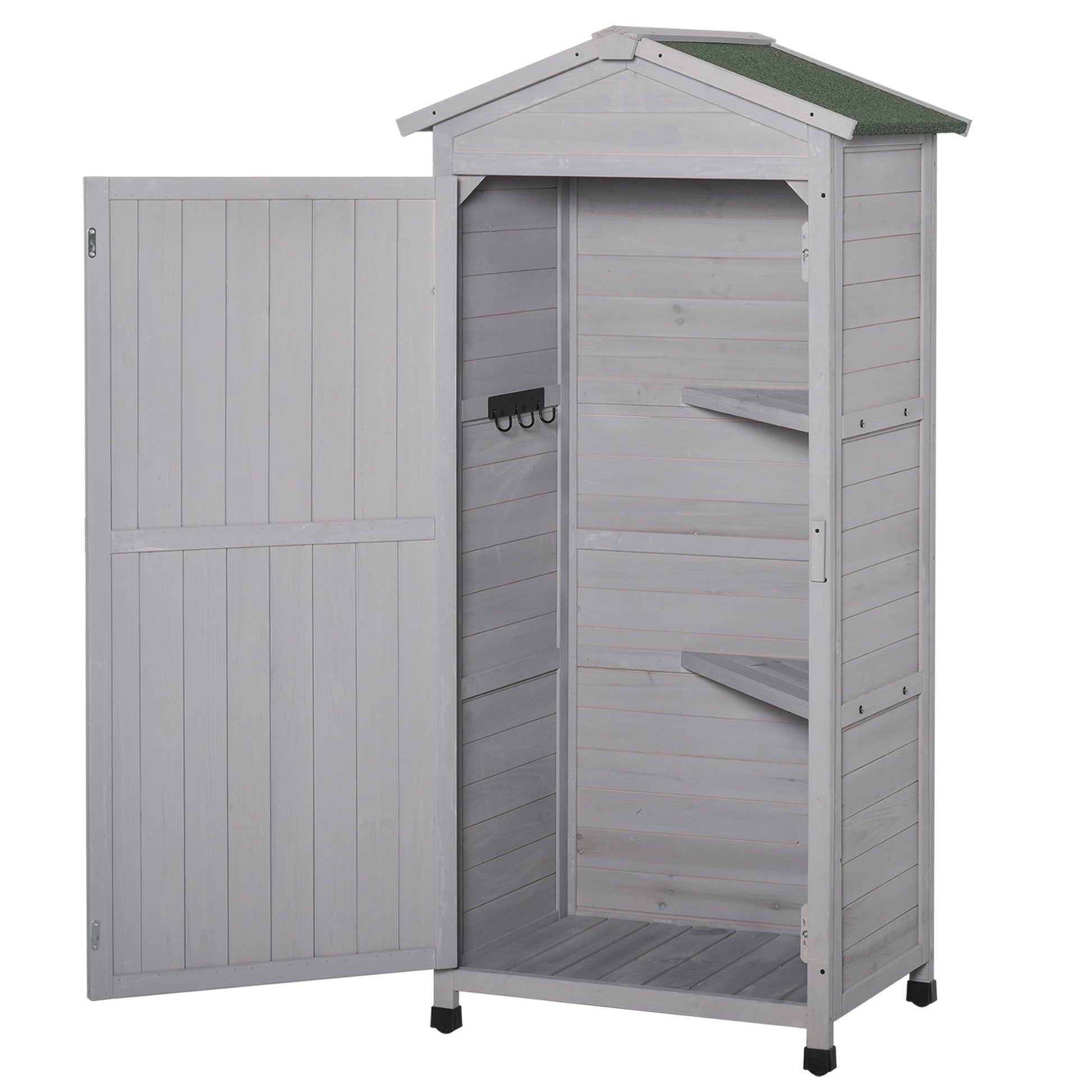 Wooden Garden Shed, Outdoor Storage Cabinet with 2 Shelves and Hooks, Locking Organiser Outdoor Narrow Tool House, 74x55x155cm, Grey