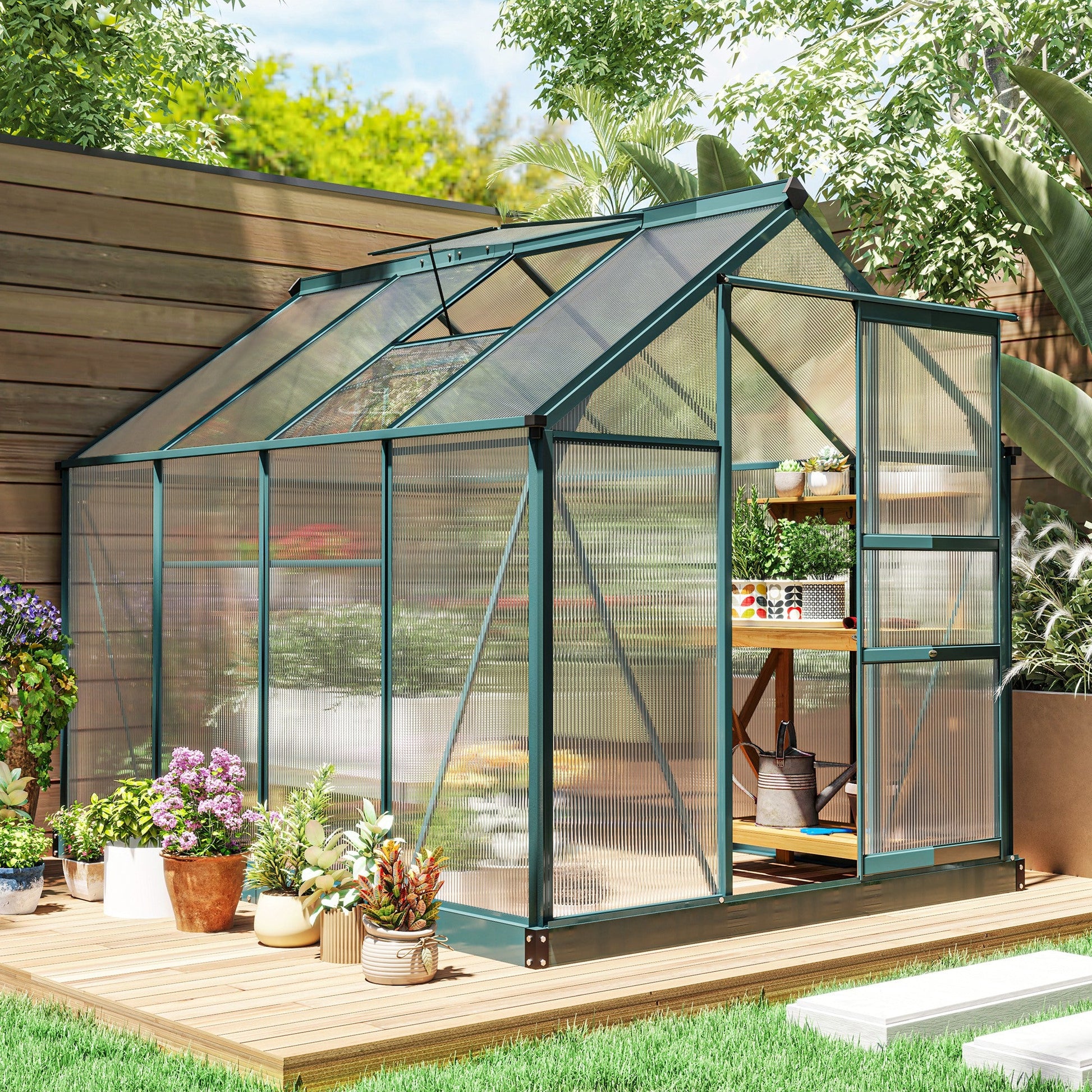 Outsunny 6' x 8' Greenhouse for Outdoors, Polycarbonate Greenhouse with Rain Gutter and Roof Vent, Aluminum Walk-in Green Houses for Outside for Patio Backyard Garden, Dark Green
