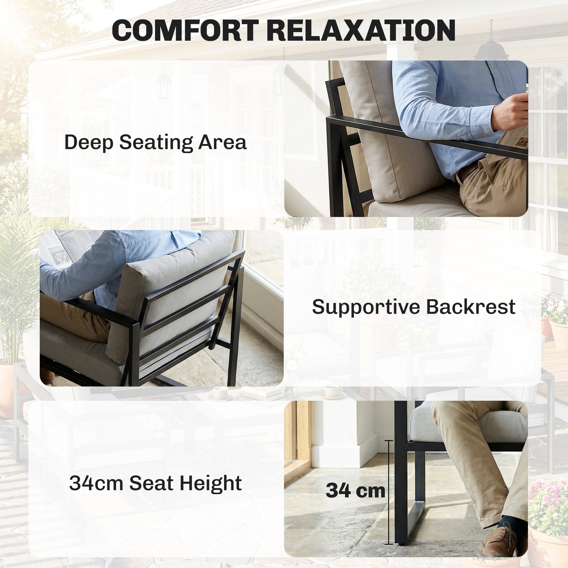 Outdoor Garden Furniture Set, 4 Piece Patio Furniture with Slatted Table, Loveseat and Armchairs, Indoor Outdoor Balcony Patio Conservatory Set with Metal Frame and Cushions, Grey