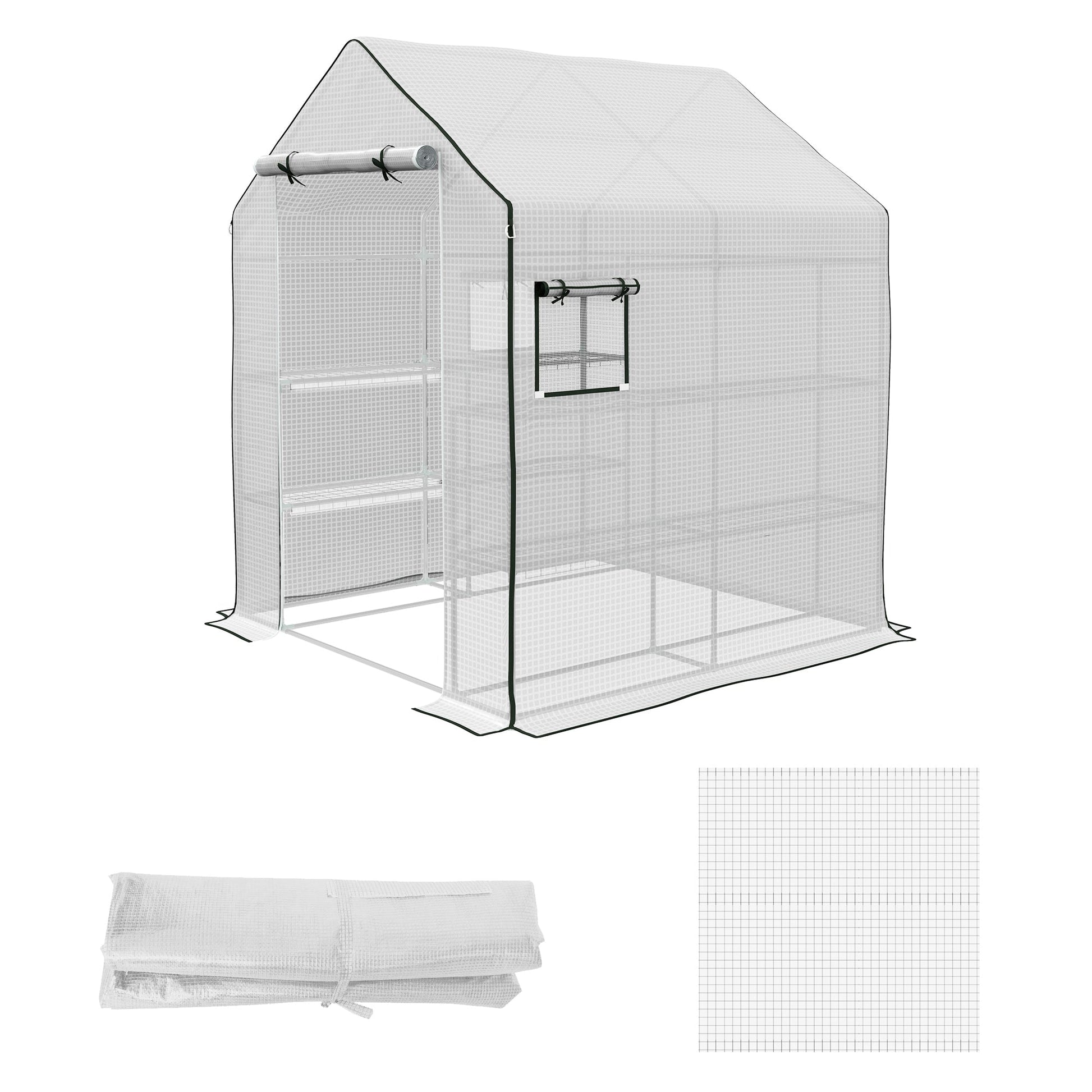 Walk-in Greenhouse Cover Replacement with Roll-up Door and Mesh Windows, Reinforced PE Hot House Cover, COVER ONLY, 140 x 143 x 190cm, White