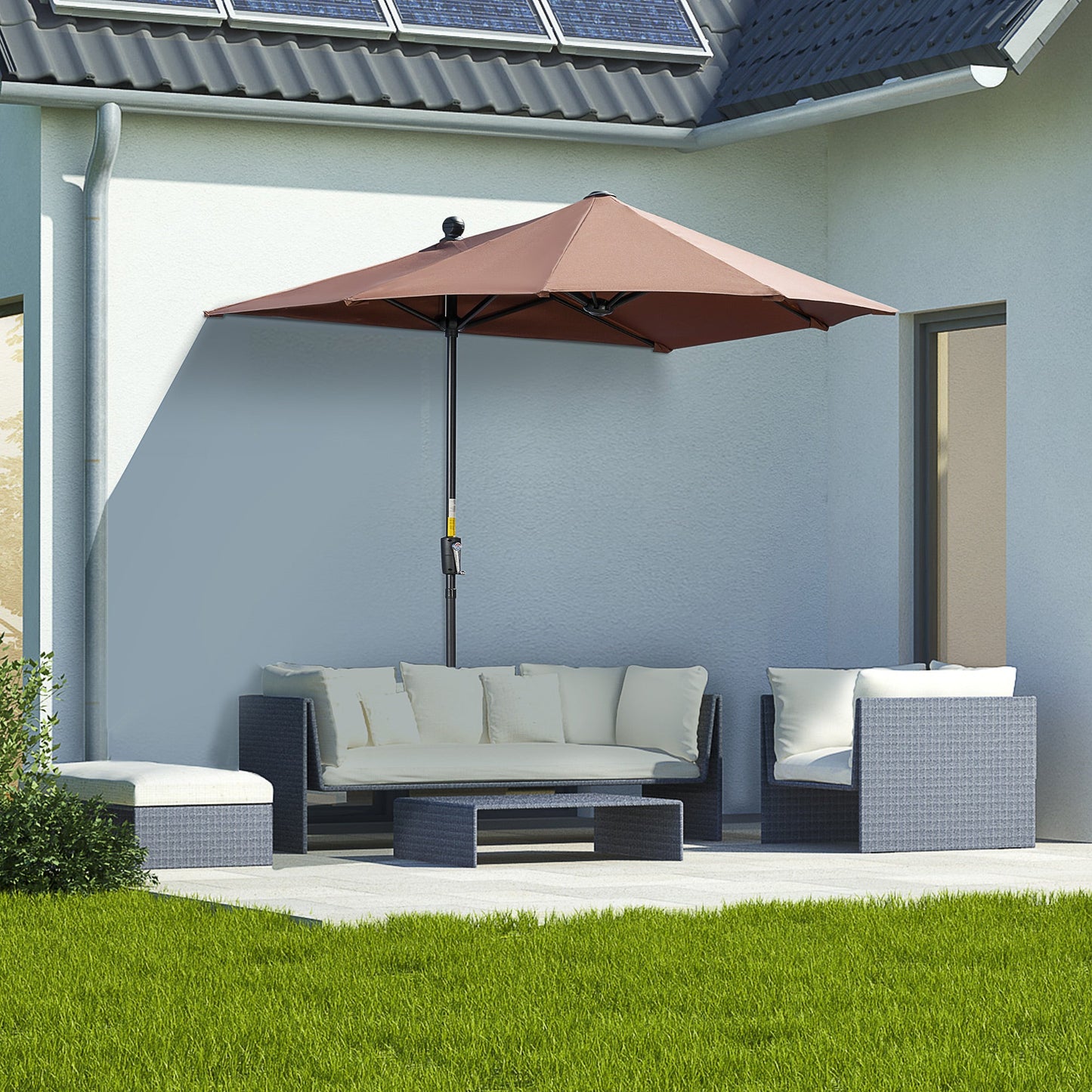 2m Half Parasol Market Umbrella Garden Balcony Parasol with Crank Handle, Cross Base, Double-Sided Canopy, Coffee