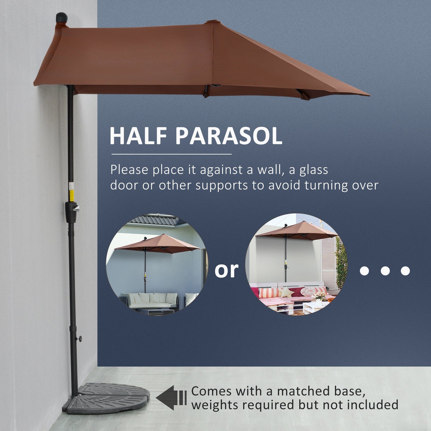 2m Half Parasol Market Umbrella Garden Balcony Parasol with Crank Handle, Cross Base, Double-Sided Canopy, Coffee