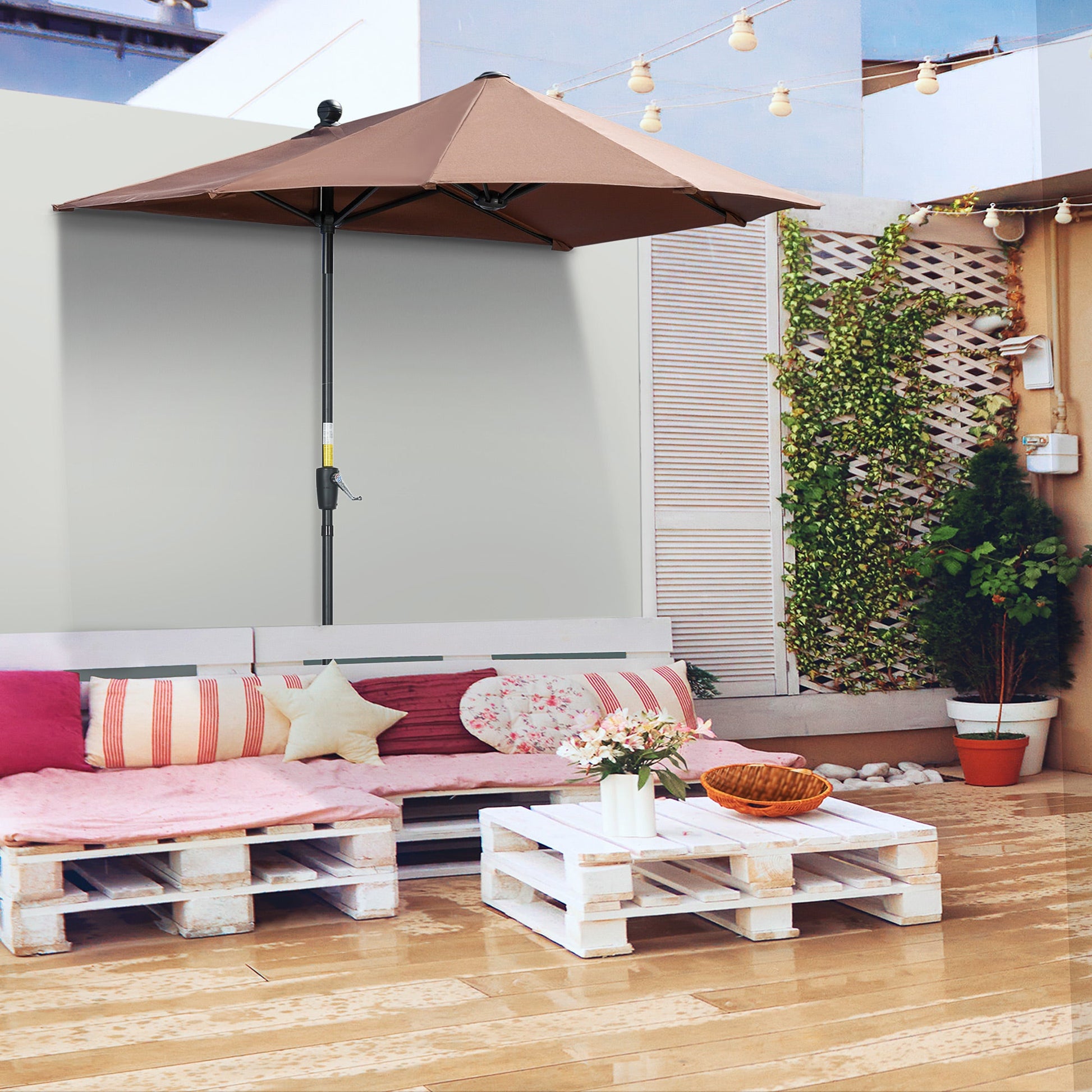 2m Half Parasol Market Umbrella Garden Balcony Parasol with Crank Handle, Cross Base, Double-Sided Canopy, Coffee