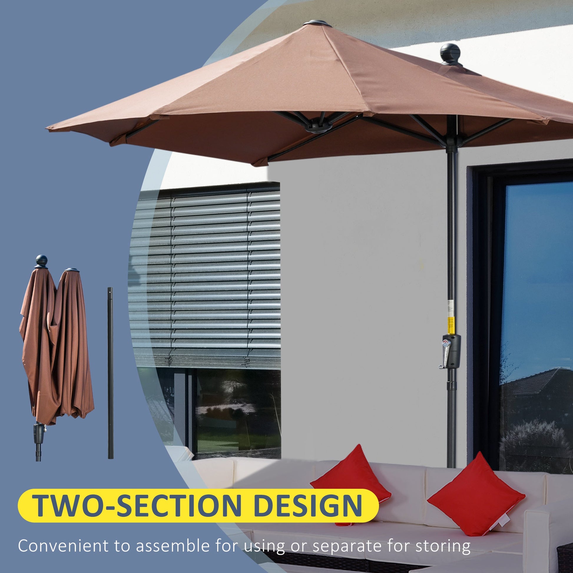 2m Half Parasol Market Umbrella Garden Balcony Parasol with Crank Handle, Cross Base, Double-Sided Canopy, Coffee