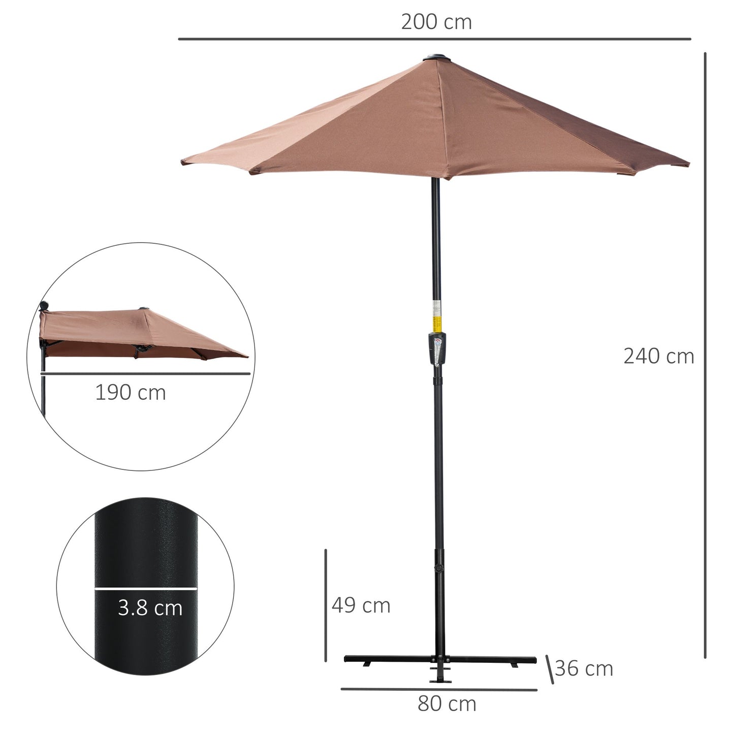 2m Half Parasol Market Umbrella Garden Balcony Parasol with Crank Handle, Cross Base, Double-Sided Canopy, Coffee