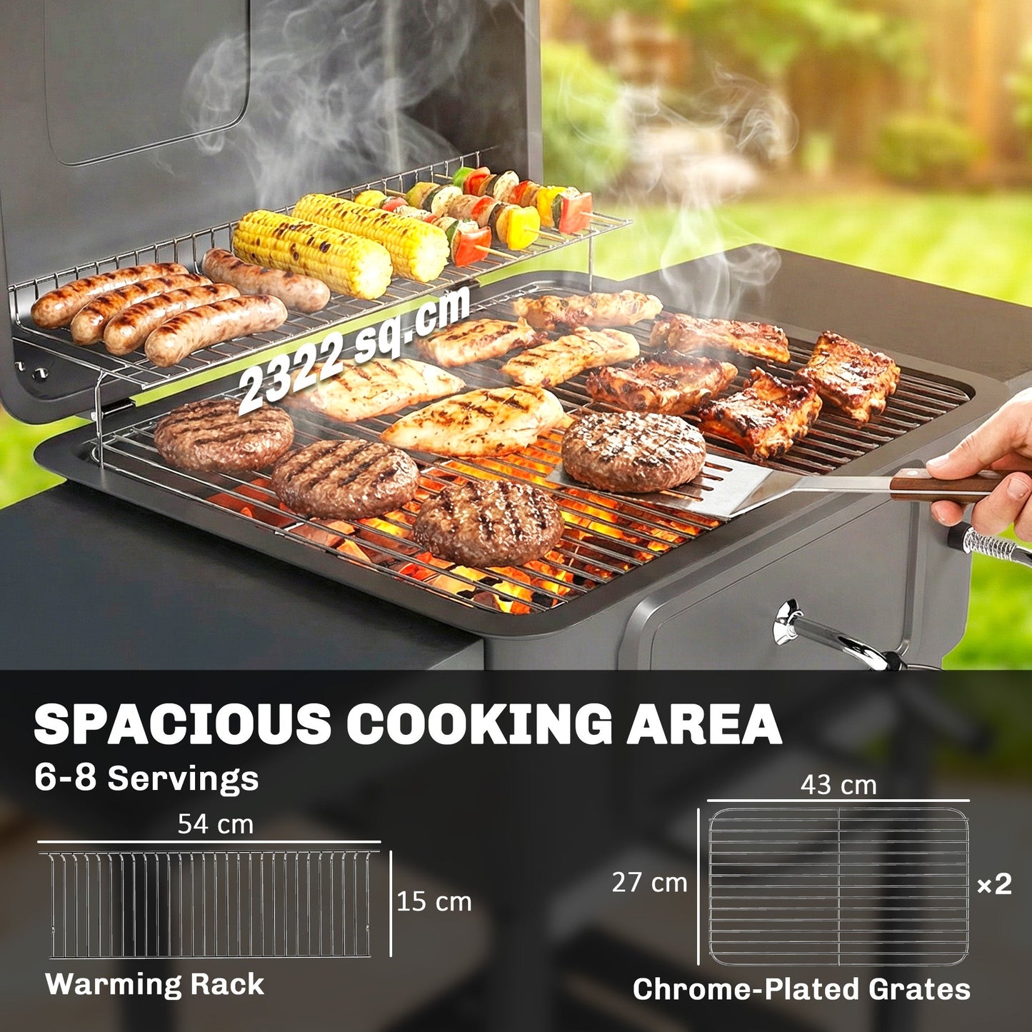 Charcoal BBQ Grill with Adjustable Charcoal Pan, Large Barbecue Grill Smoker with Warming Rack, Side Tables, Chimney, Vents, Wheels and Temperature Gauge, Portable for Outdoor Cooking, Black