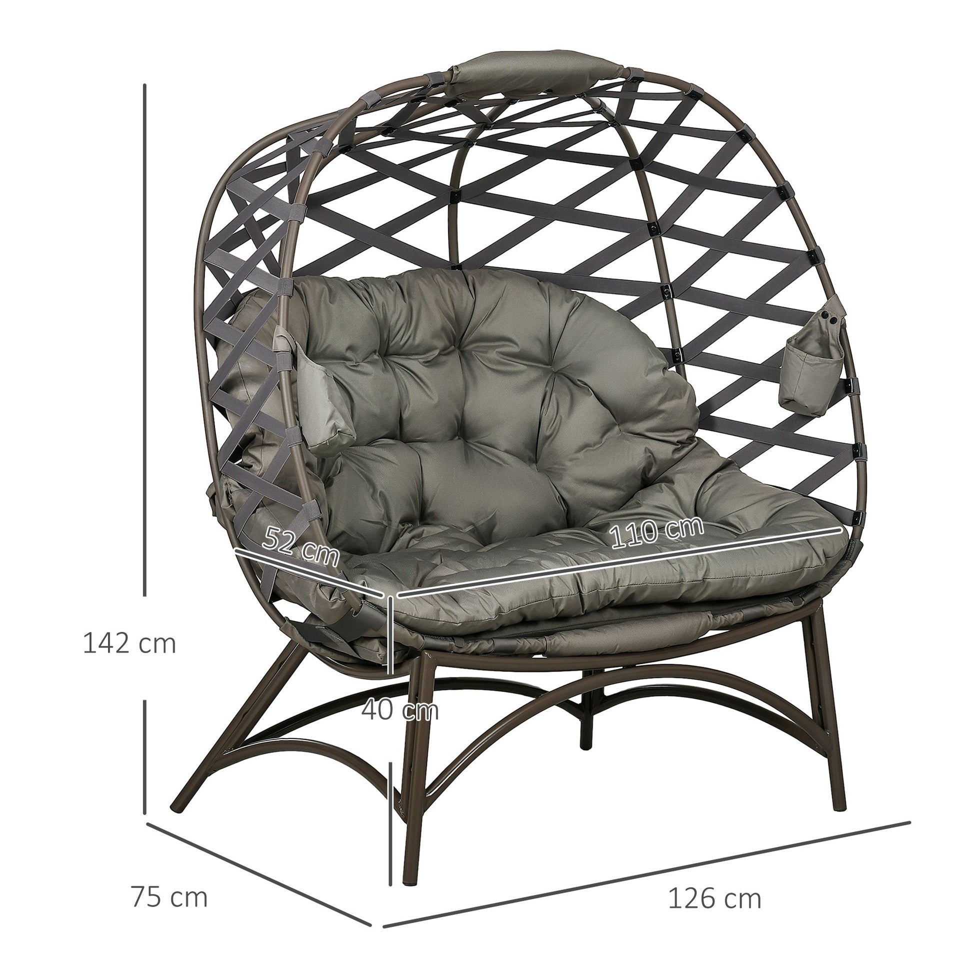 Egg Chair Outdoor, 2 Seater Folding Weave Garden Furniture Chair with Cushion, Cup Pockets for Patio Balcony - Sand Brown