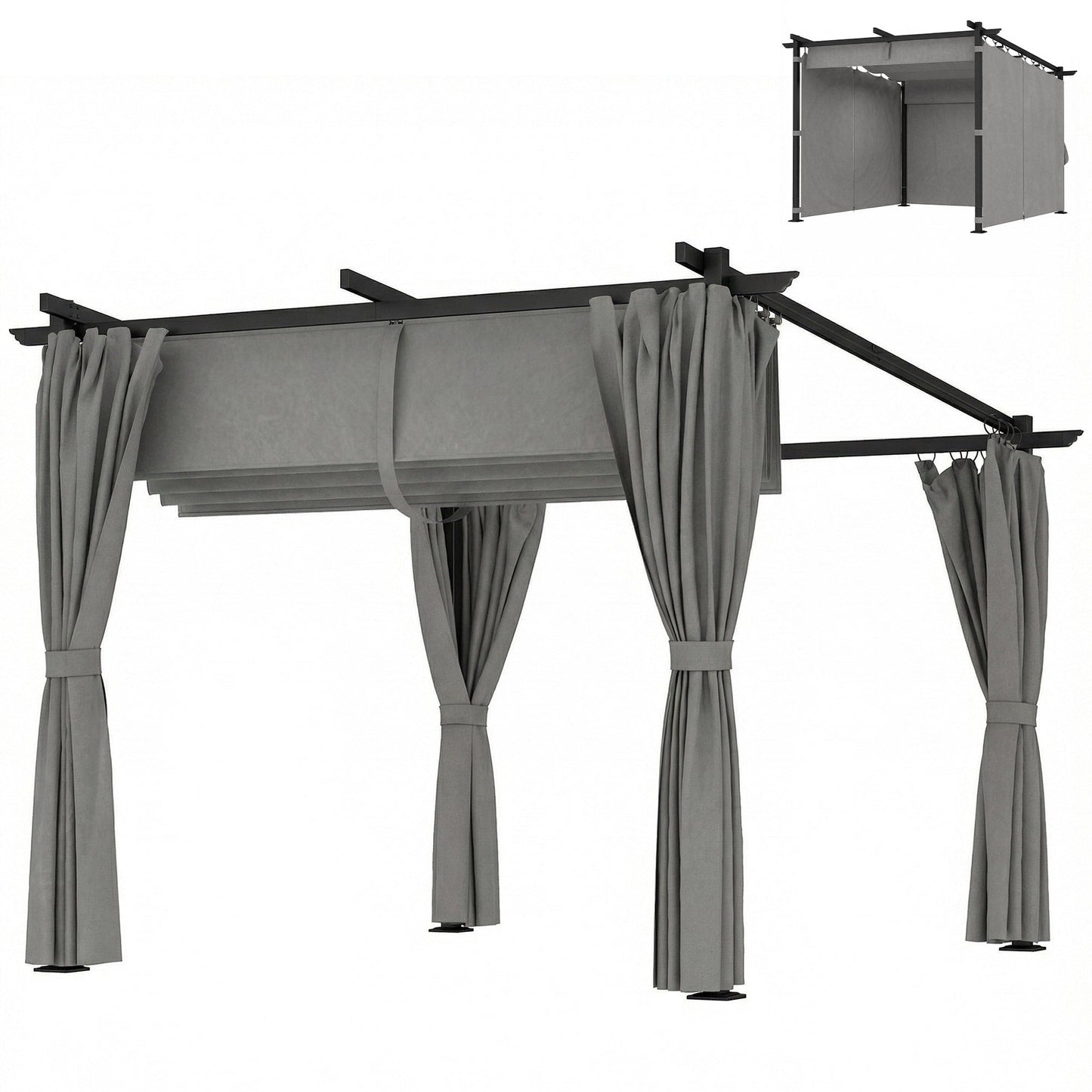 3 x 3(m) Metal Pergola with Retractable Roof and Sidewalls, Garden Gazebo UPF30+ Sun Shade Shelter for Outdoor, Patio, Deck, Light Grey