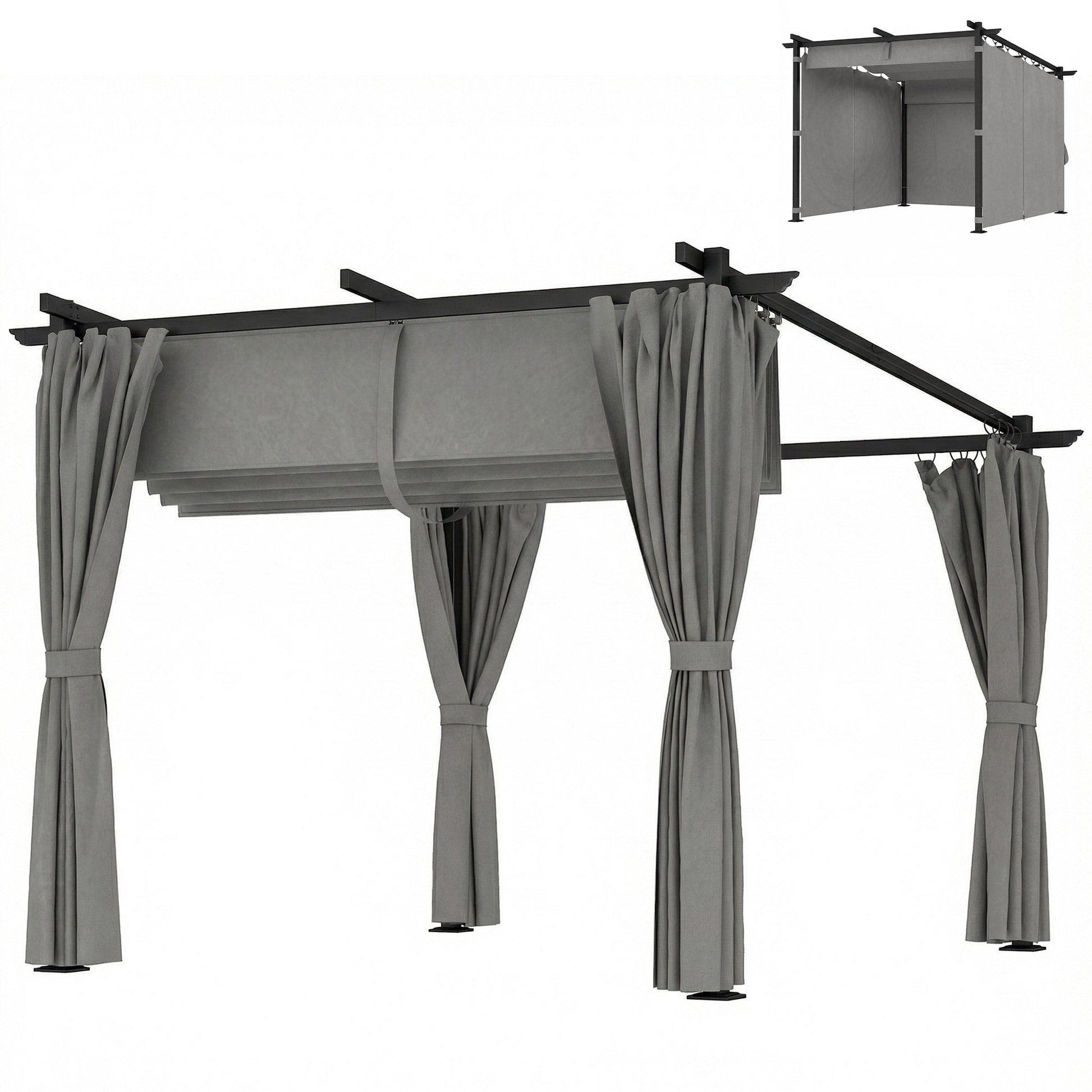 3 x 3(m) Metal Pergola with Retractable Roof and Sidewalls, Garden Gazebo UPF30+ Sun Shade Shelter for Outdoor, Patio, Deck, Light Grey