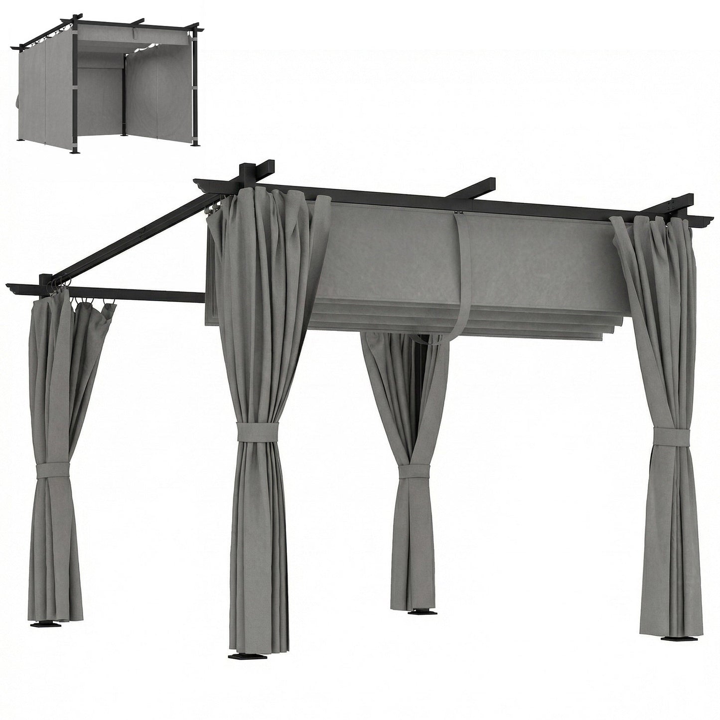 3 x 3(m) Metal Pergola with Retractable Roof and Sidewalls, Garden Gazebo UPF30+ Sun Shade Shelter for Outdoor, Patio, Deck, Light Grey