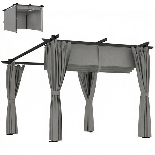 3 x 3(m) Metal Pergola with Retractable Roof and Sidewalls, Garden Gazebo UPF30+ Sun Shade Shelter for Outdoor, Patio, Deck, Light Grey