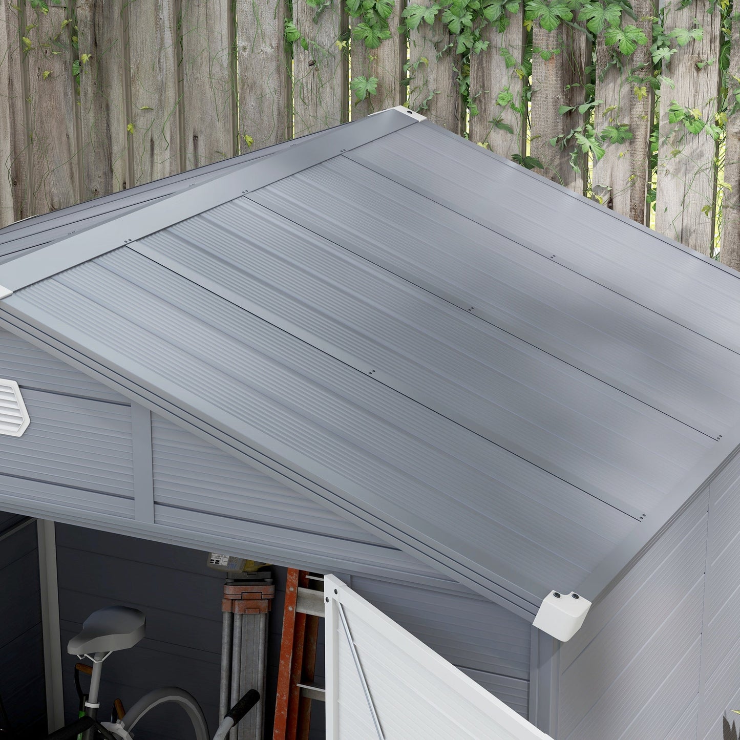 8 x 6ft Plastic Garden Storage Shed with Foundation Kit, Polypropylene Outdoor Storage Tool House with Ventilation Slots and Lockable Door, Grey