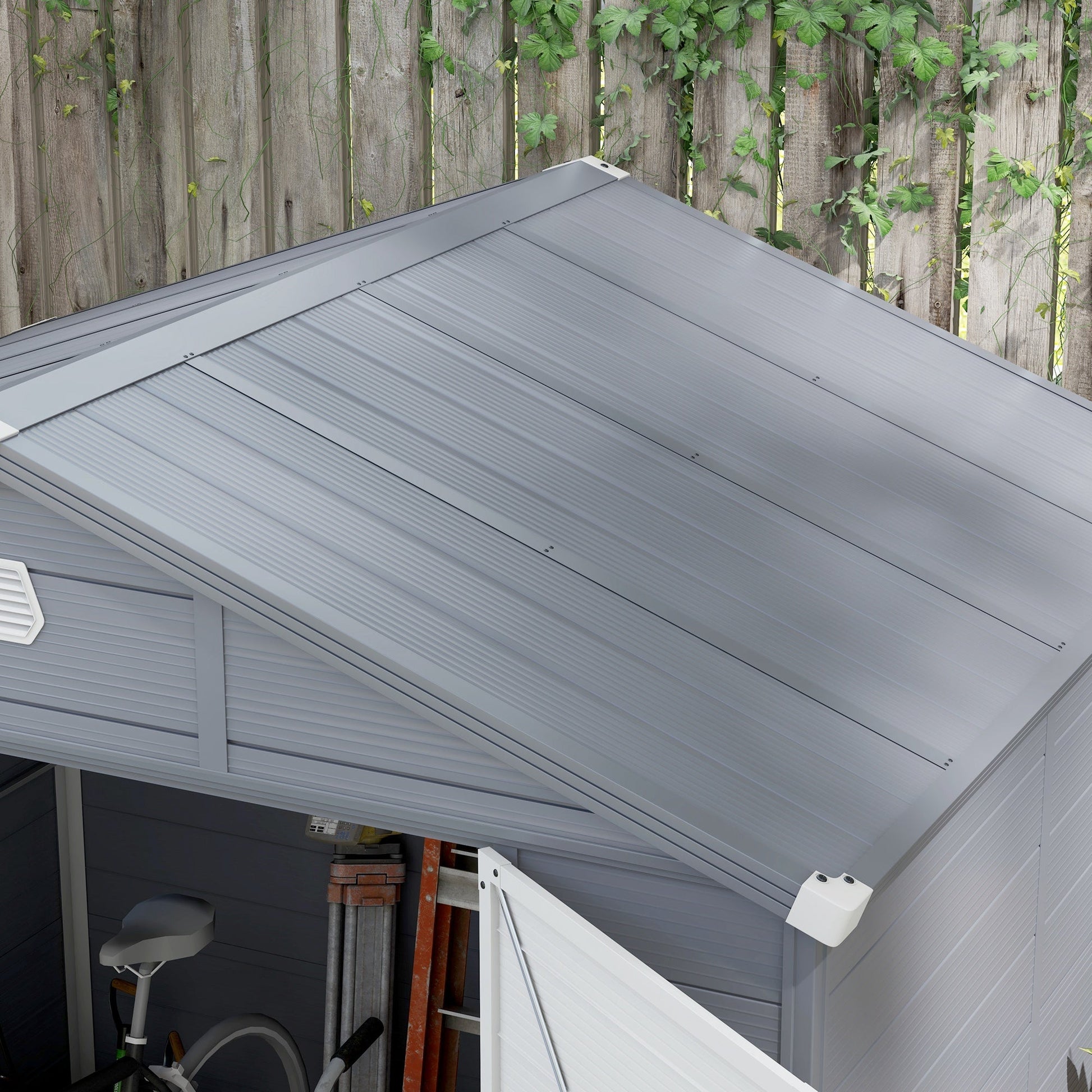 8 x 6ft Plastic Garden Storage Shed with Foundation Kit, Polypropylene Outdoor Storage Tool House with Ventilation Slots and Lockable Door, Grey