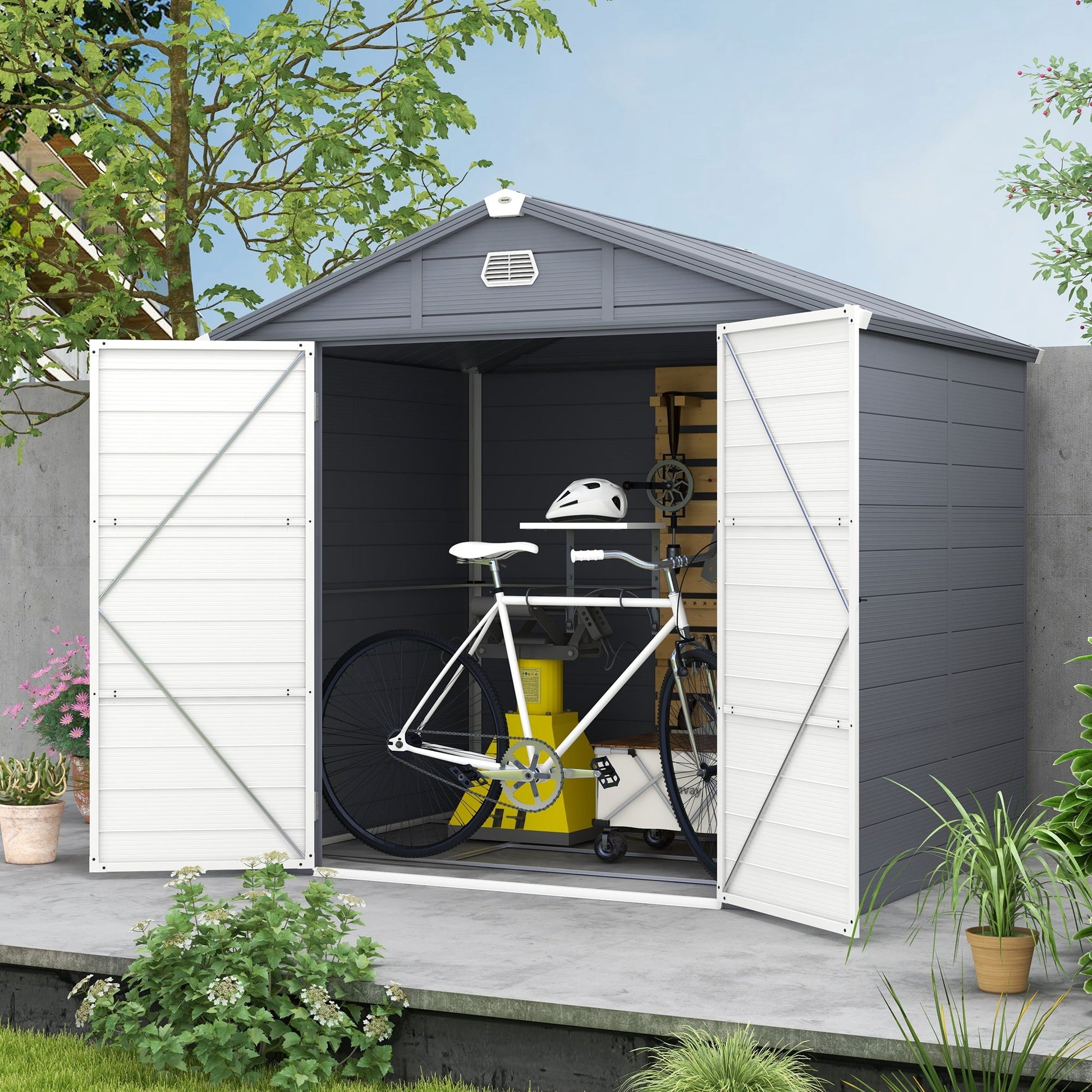 8 x 6ft Plastic Garden Storage Shed with Foundation Kit, Polypropylene Outdoor Storage Tool House with Ventilation Slots and Lockable Door, Grey
