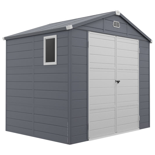 8 x 6ft Plastic Garden Storage Shed with Foundation Kit, Polypropylene Outdoor Storage Tool House with Ventilation Slots and Lockable Door, Grey