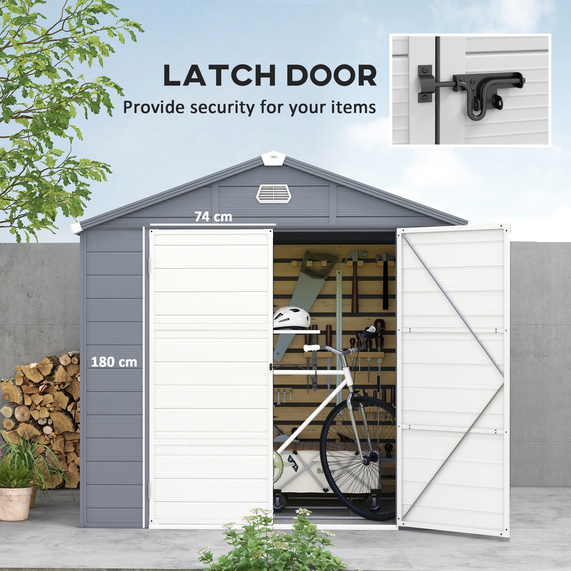 8 x 6ft Plastic Garden Storage Shed with Foundation Kit, Polypropylene Outdoor Storage Tool House with Ventilation Slots and Lockable Door, Grey